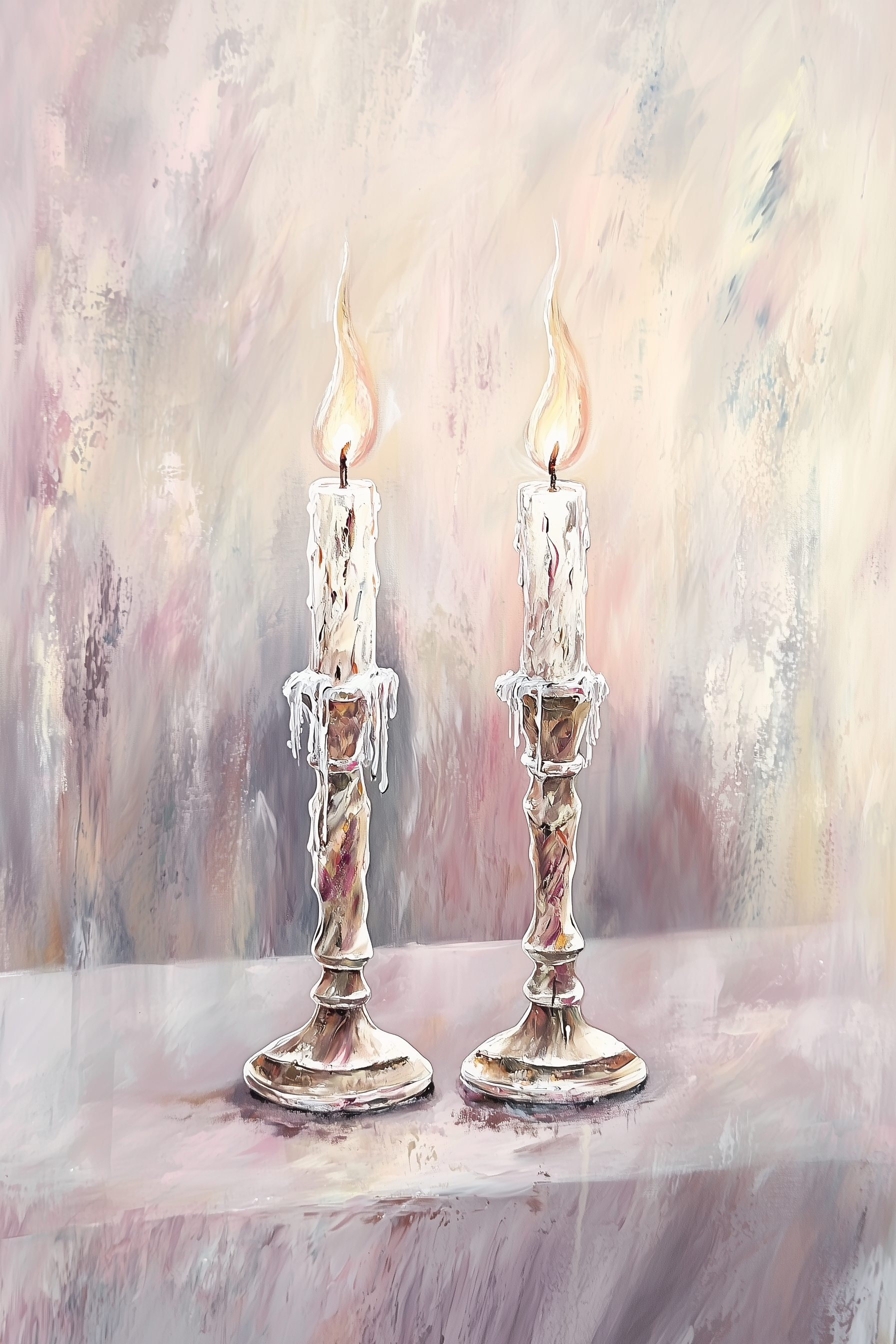 Two lit Shabbos candles in silver candlesticks against a soft, multicolored background