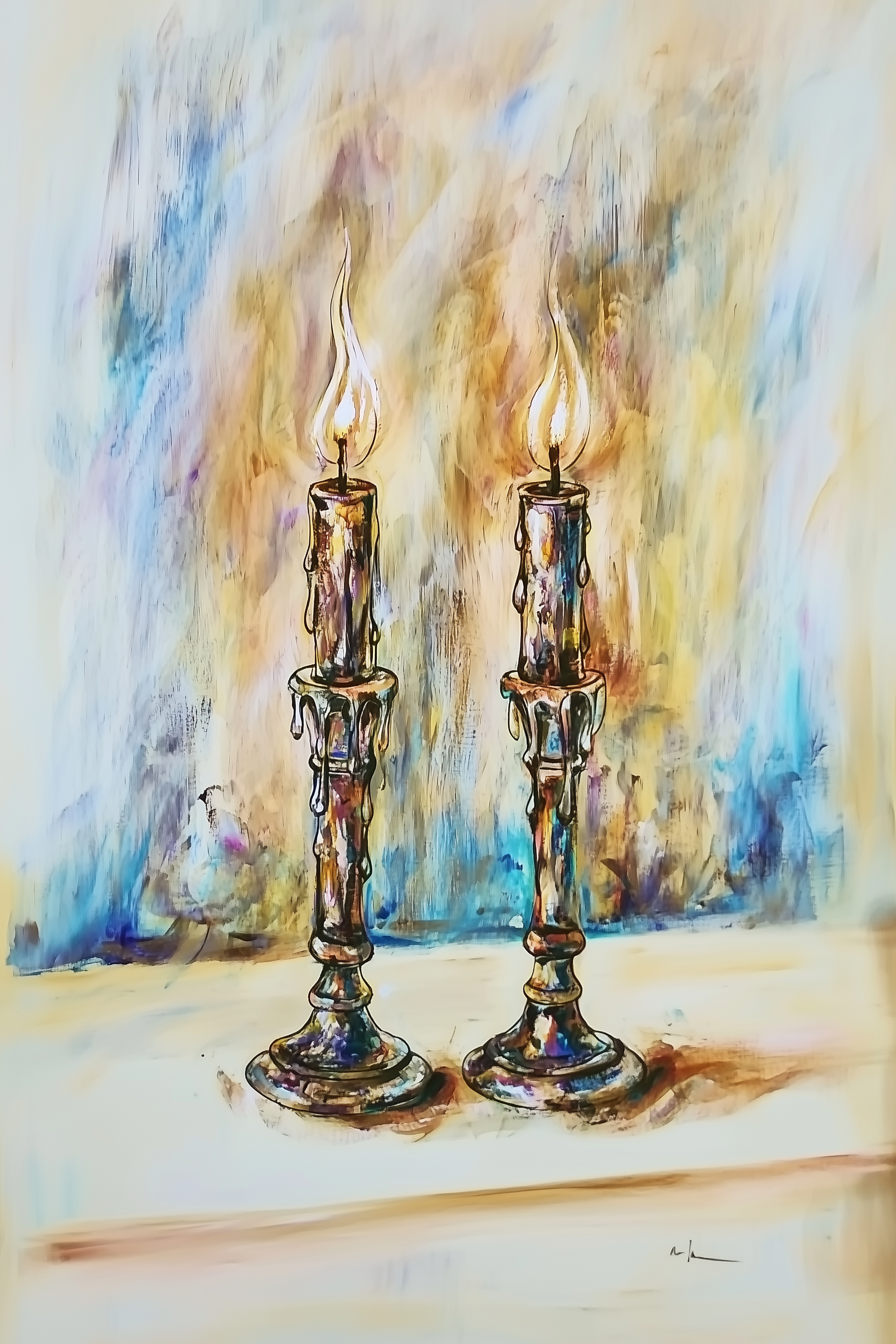 Artistic depiction of two lit Shabbos candles against a colorful abstract background