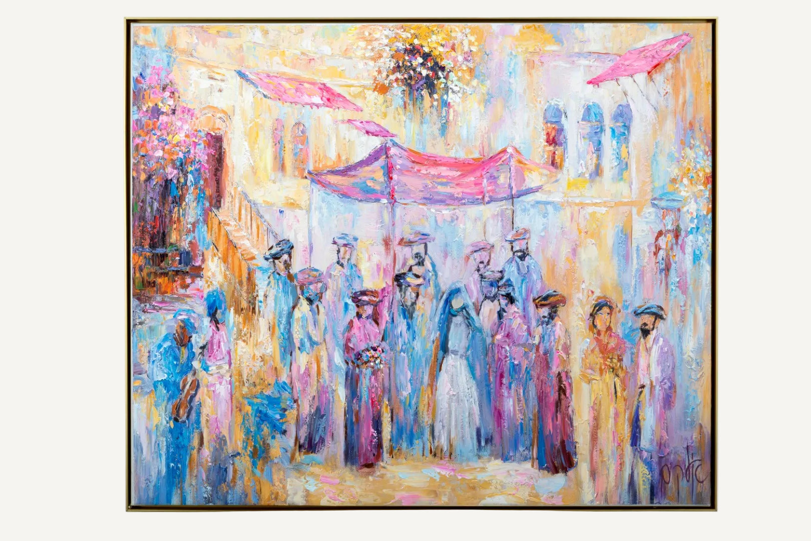 Colorful painting of a joyous chuppah ceremony in Jerusalem’s Old City with a soft, colorful palette