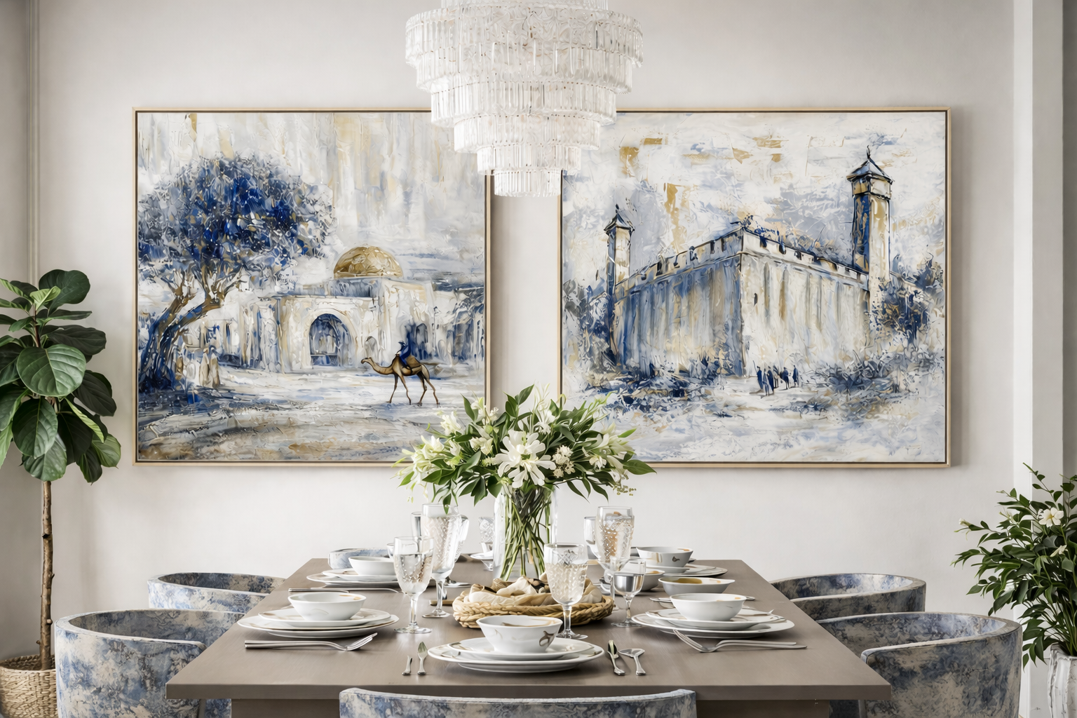 Dining room with large Lehava Art Judaic paintings on the wall.