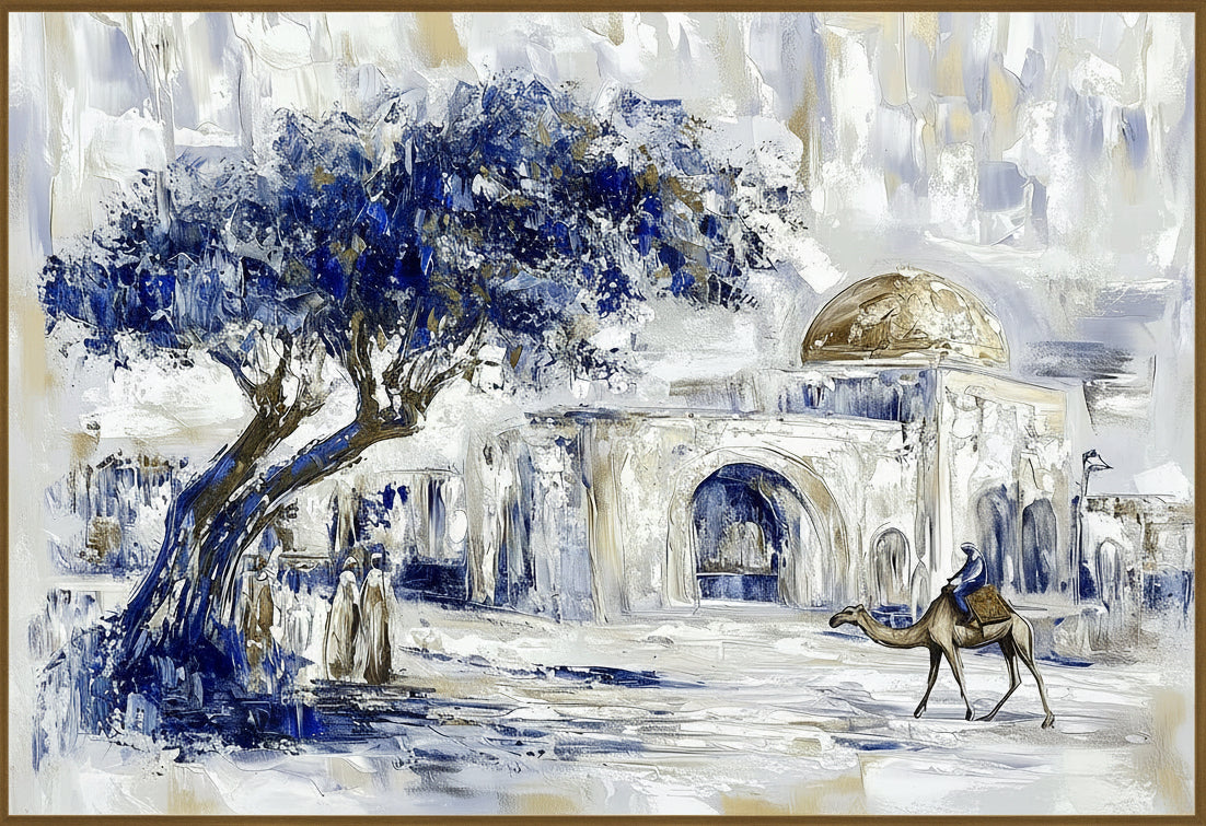 Artistic depiction of a desert scene with a camel, people, and a large tree at Kever Rochel.