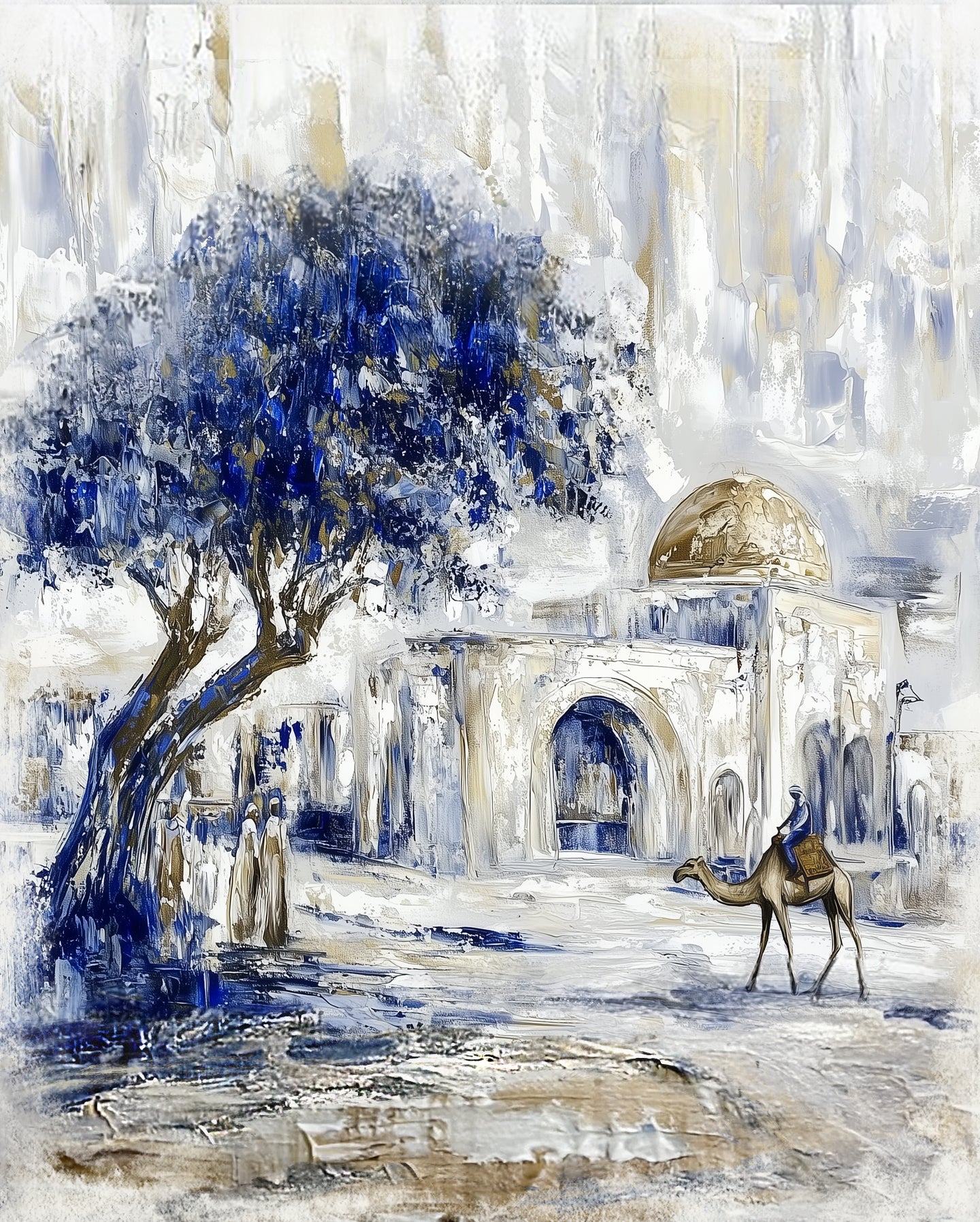 Painting of a desert scene with a tree, building, and camel at Kever Rochel.