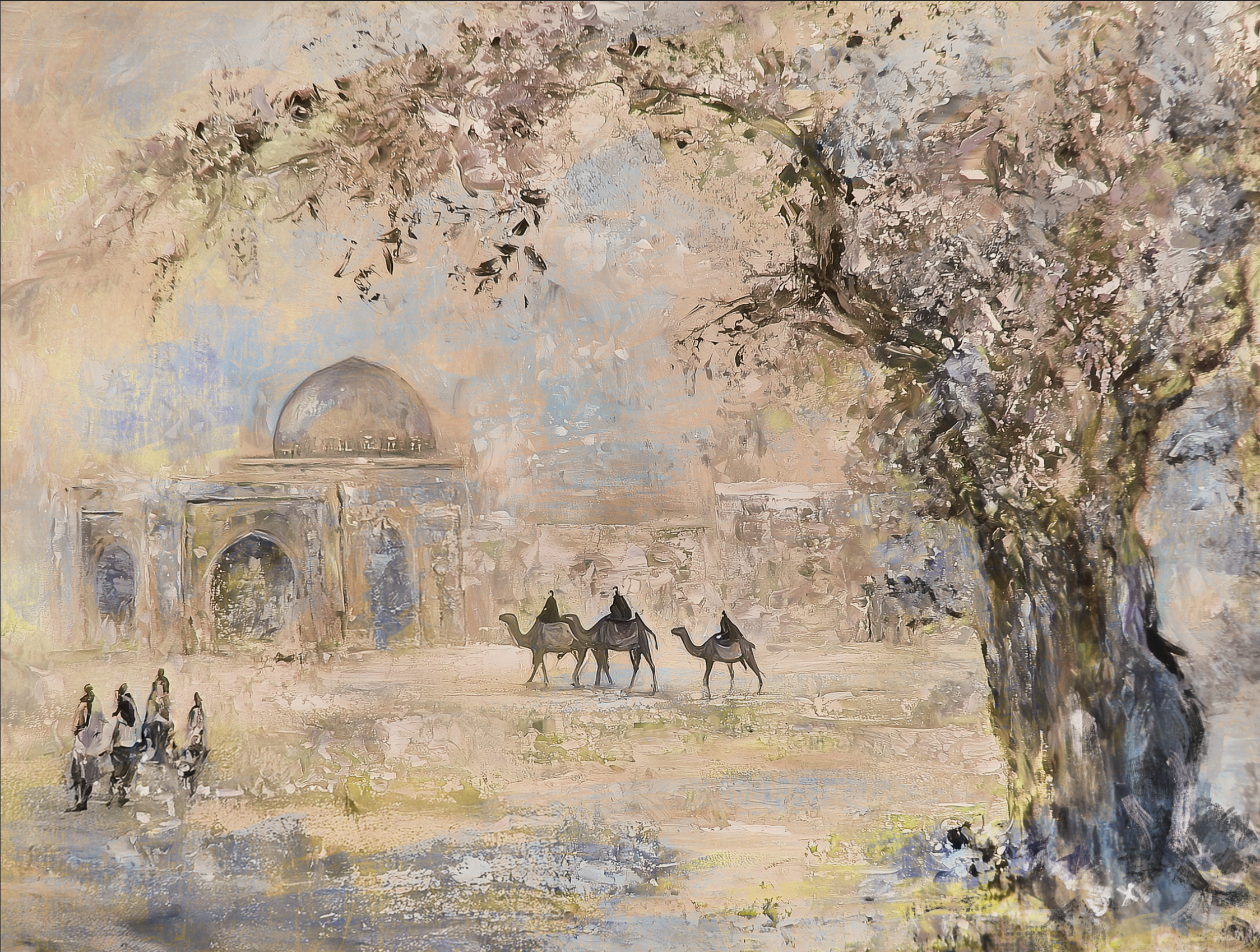Painting of a desert scene with camels and people at Kever Rochel.
