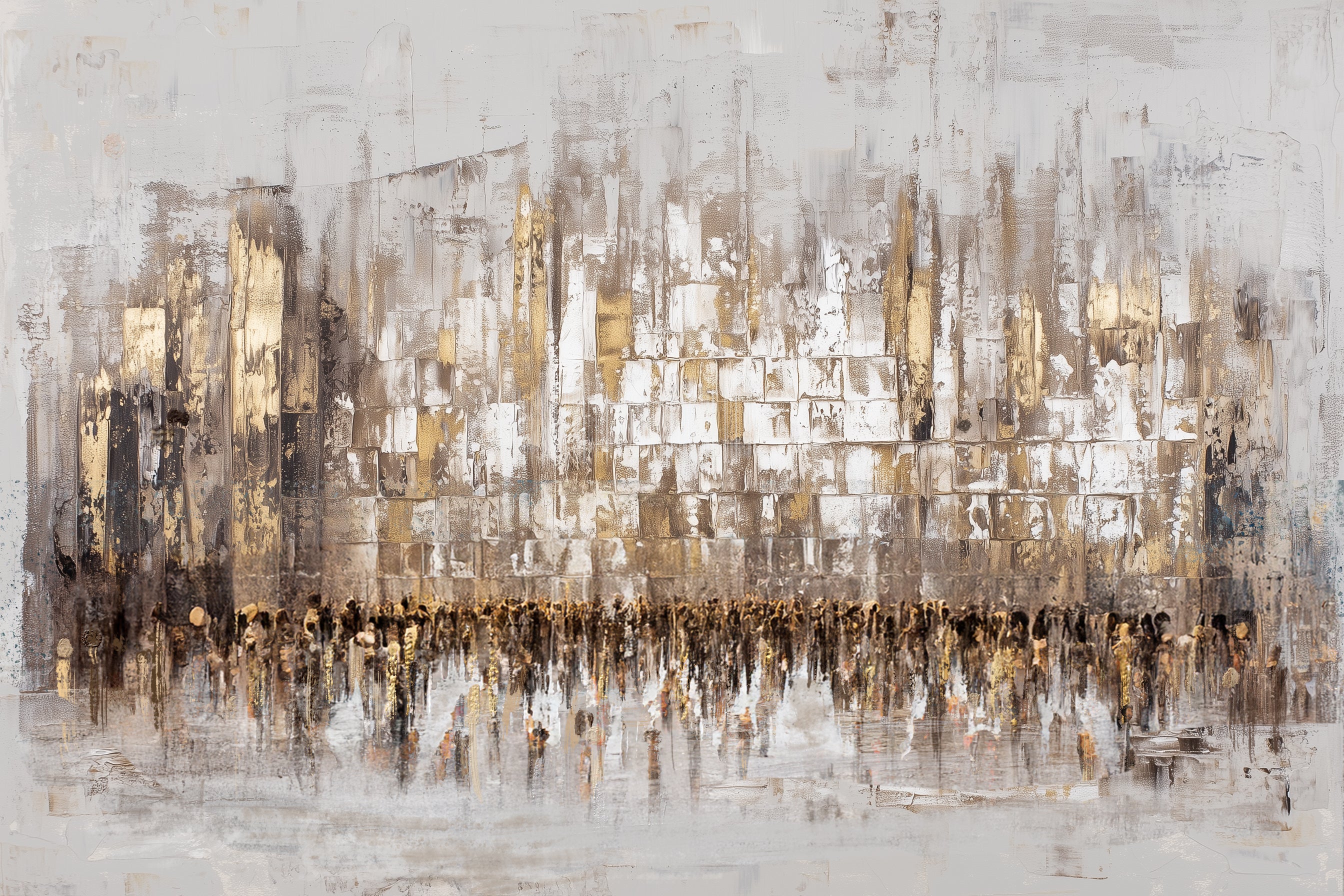 Abstract kosel painting with gold and black tones on a textured gray background