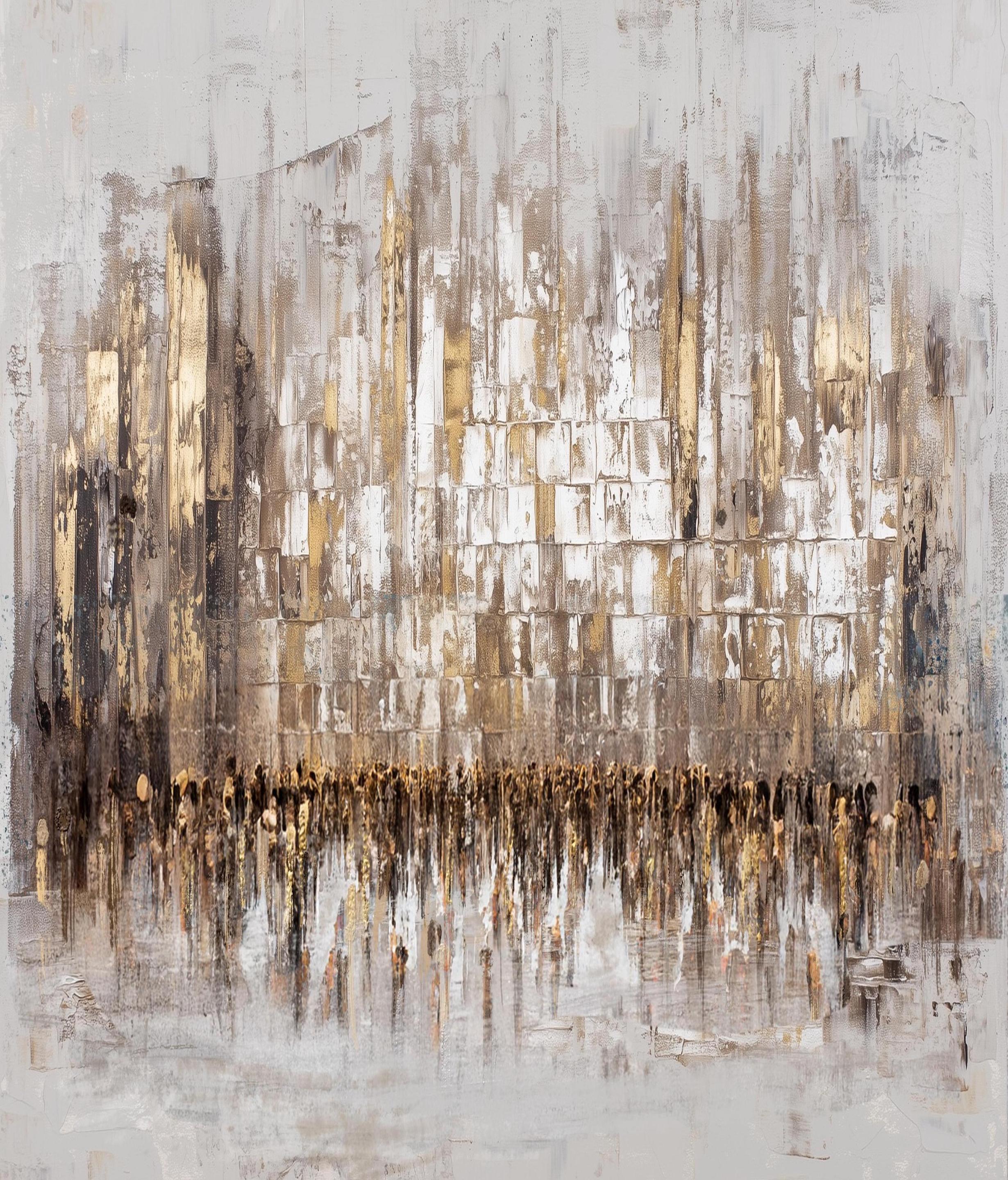 Abstract Kosel painting with gold and brown tones on a light gray background