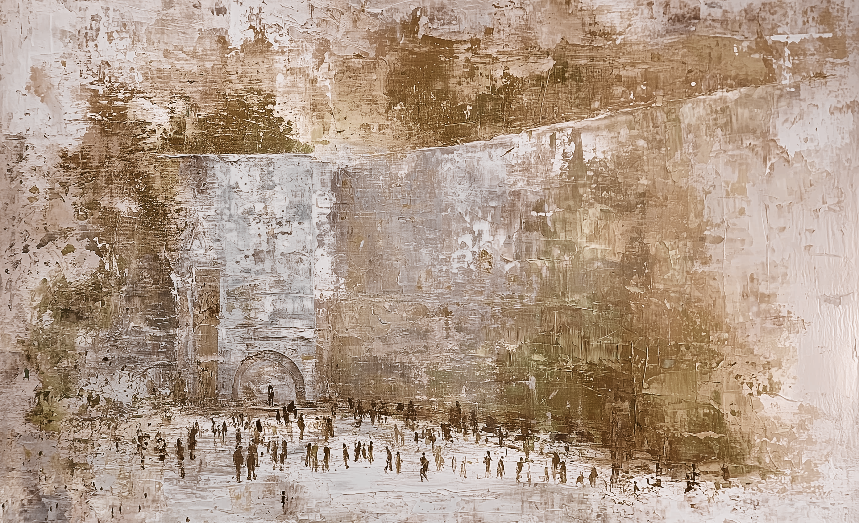 Abstract kosel painting with textured gold, brown, and beige tones