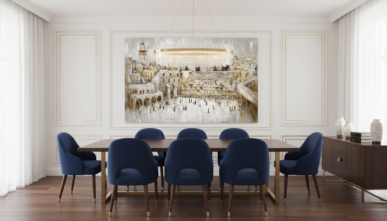 Modern dining room with a large Lehava Art kosel panorama wall art piece.