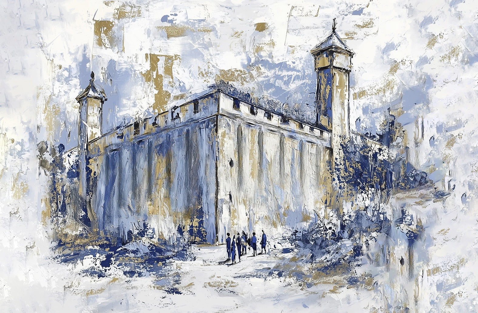 Artistic depiction of Mearas Hamachpela, in blue and gold tones