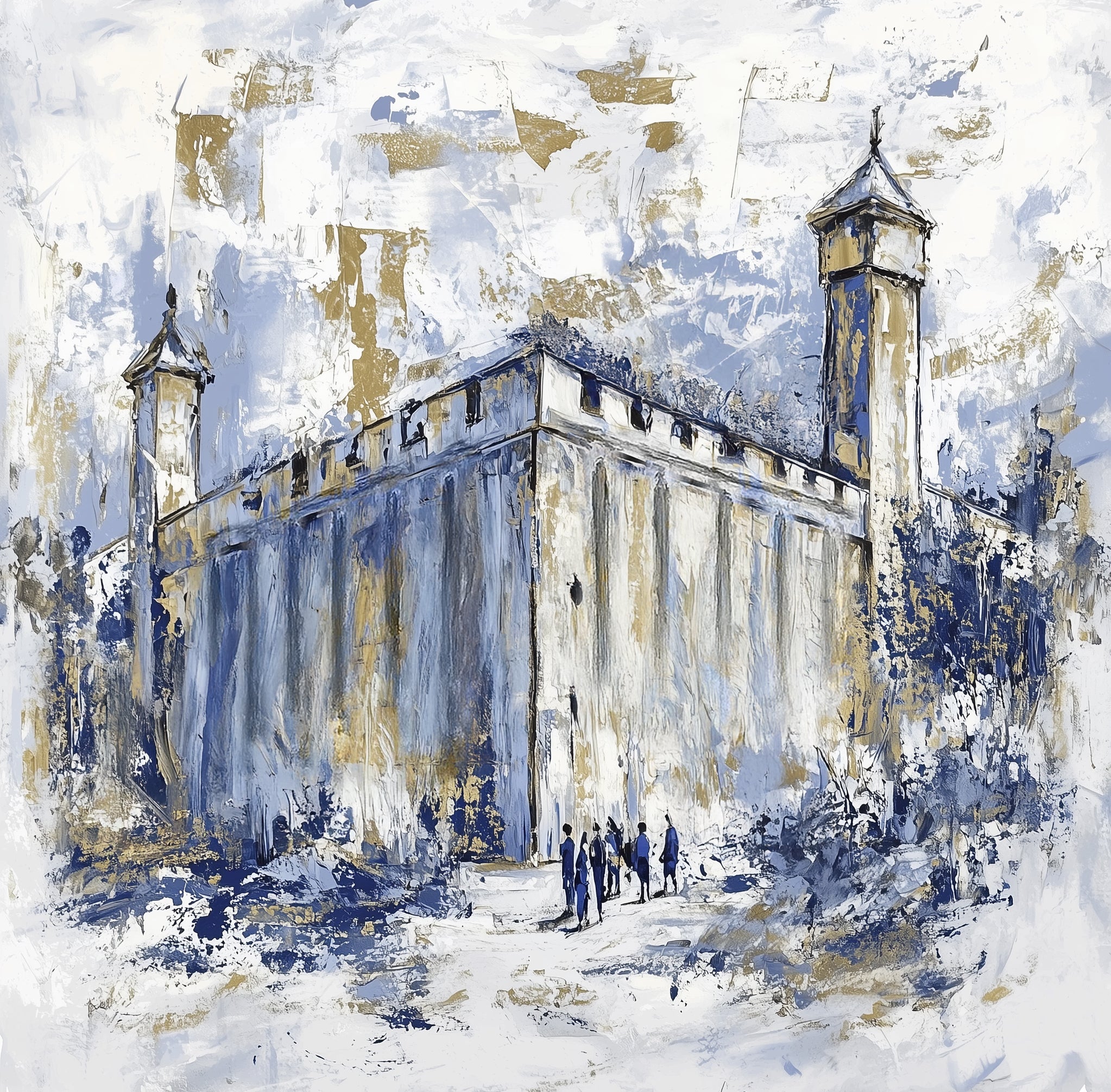 Artistic depiction of Mearas Hamachpela with people in front, using blue and beige tones.