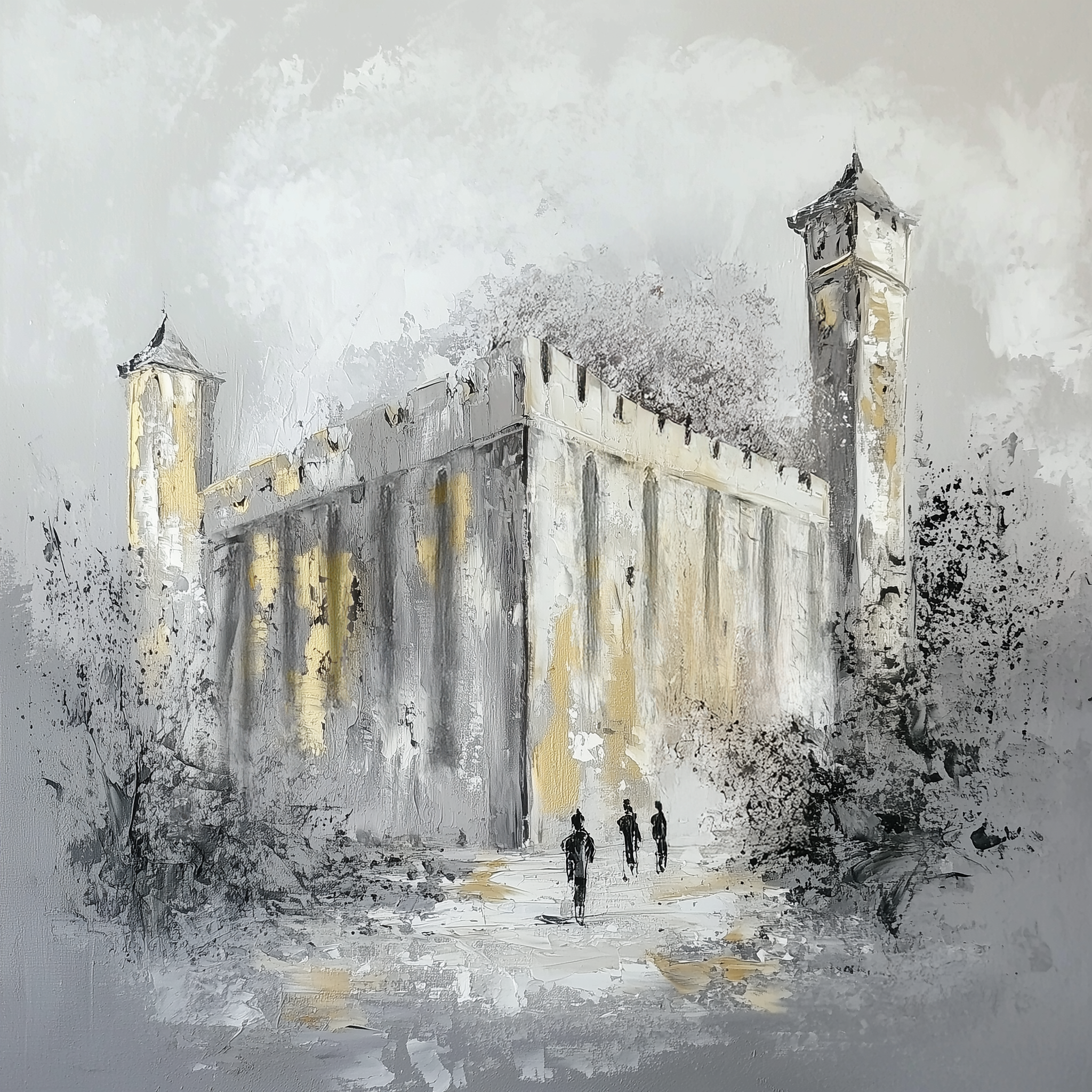 Artistic depiction of Mearas Hamachpela with people around it on a textured gray and gold background