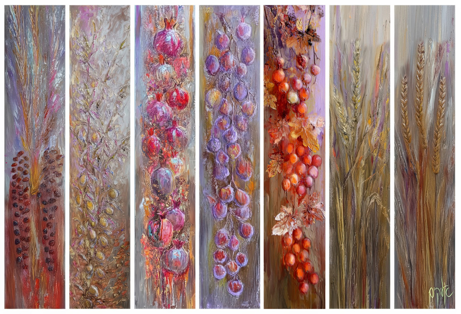 Artistic depiction of the various shivas haminim fruits and plants with a focus on color and texture.