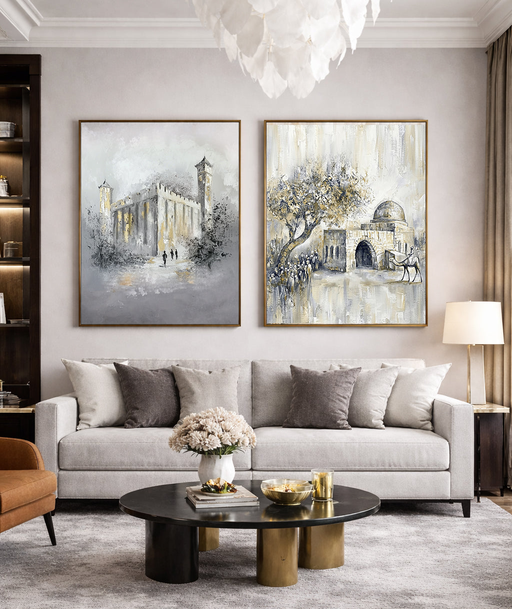 Living room with gray sofa, round coffee table, and Lehava Art luxury Judaic wall art