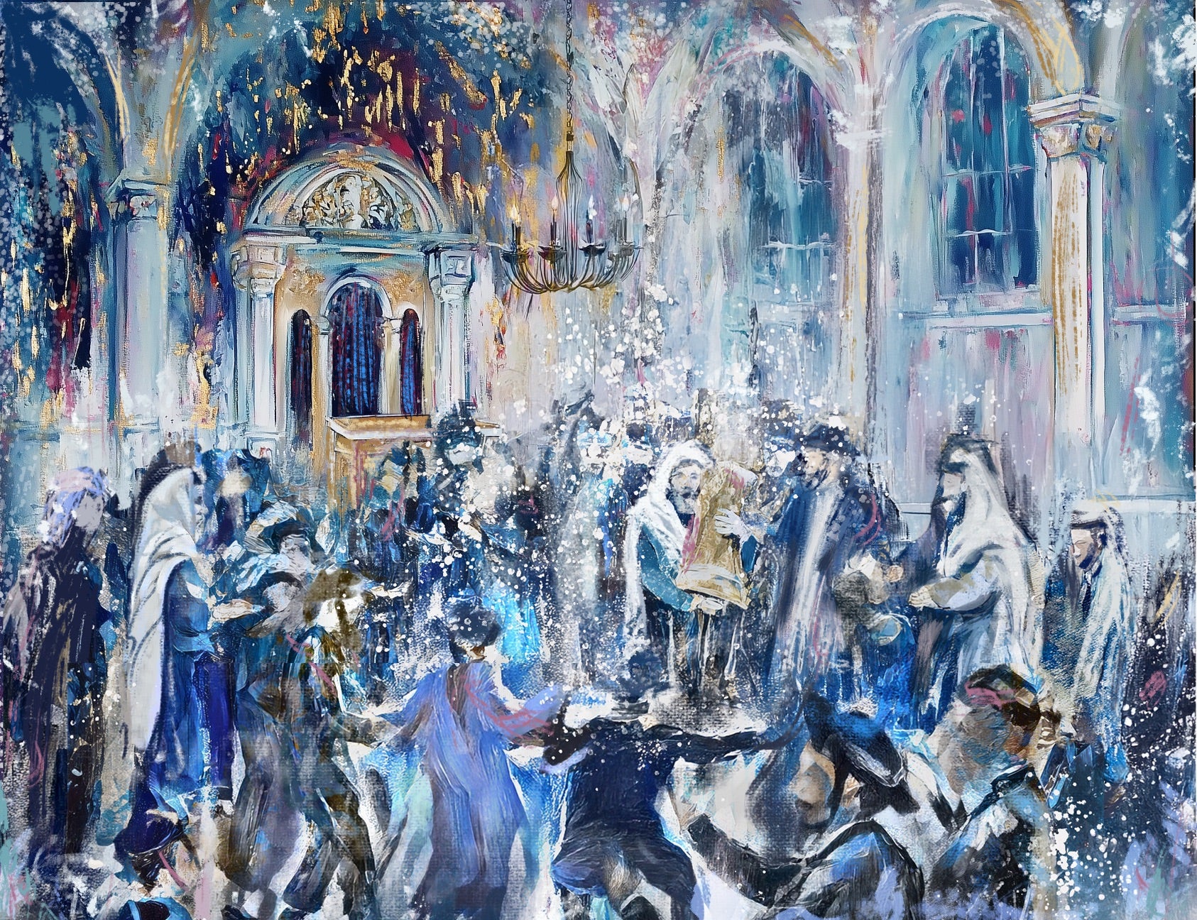 Painting of a festive Simchas Torah in shul, in blue and gold tones