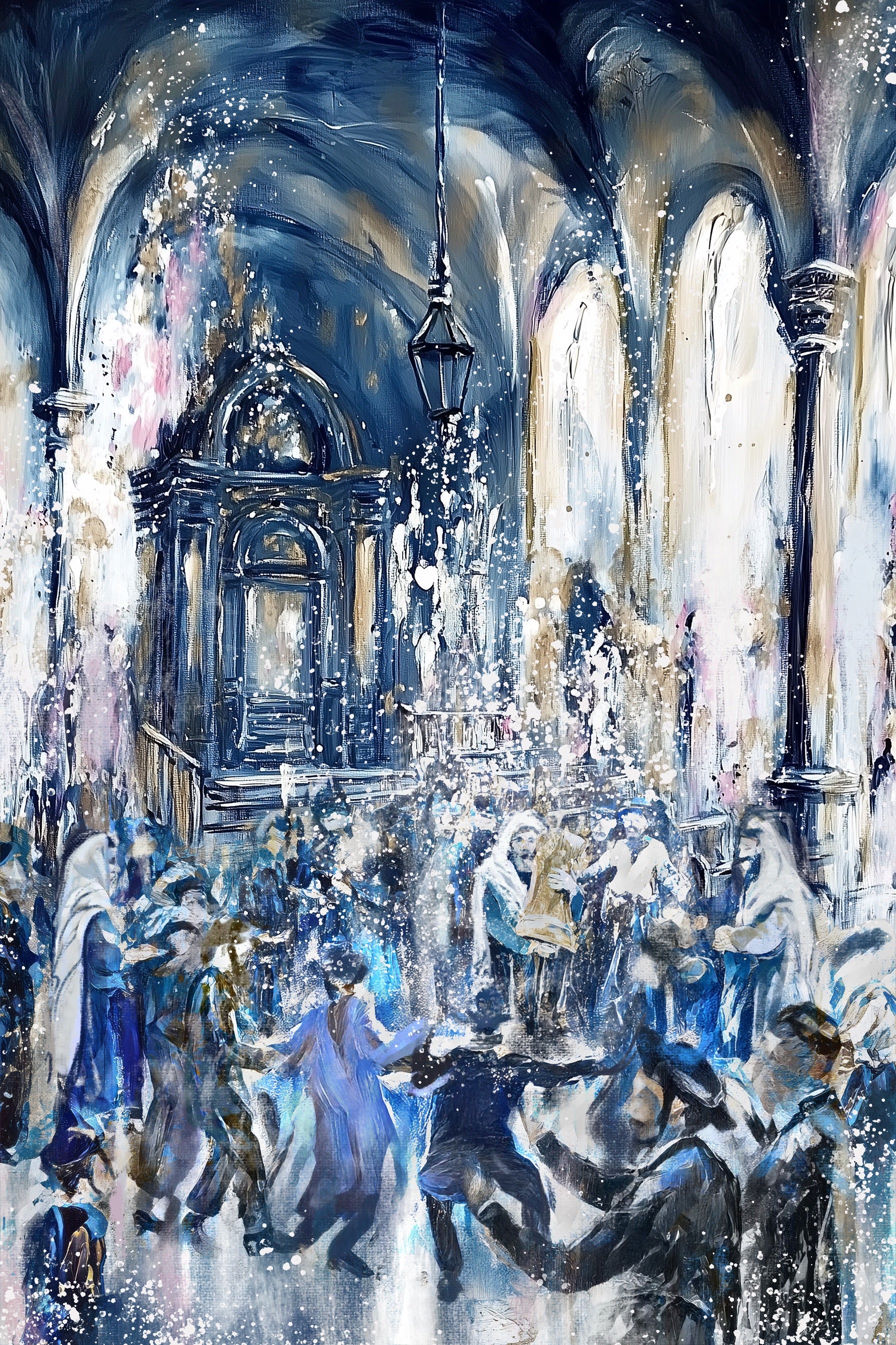 Artistic depiction of Simchas Torah in shul, in blue and gold tones