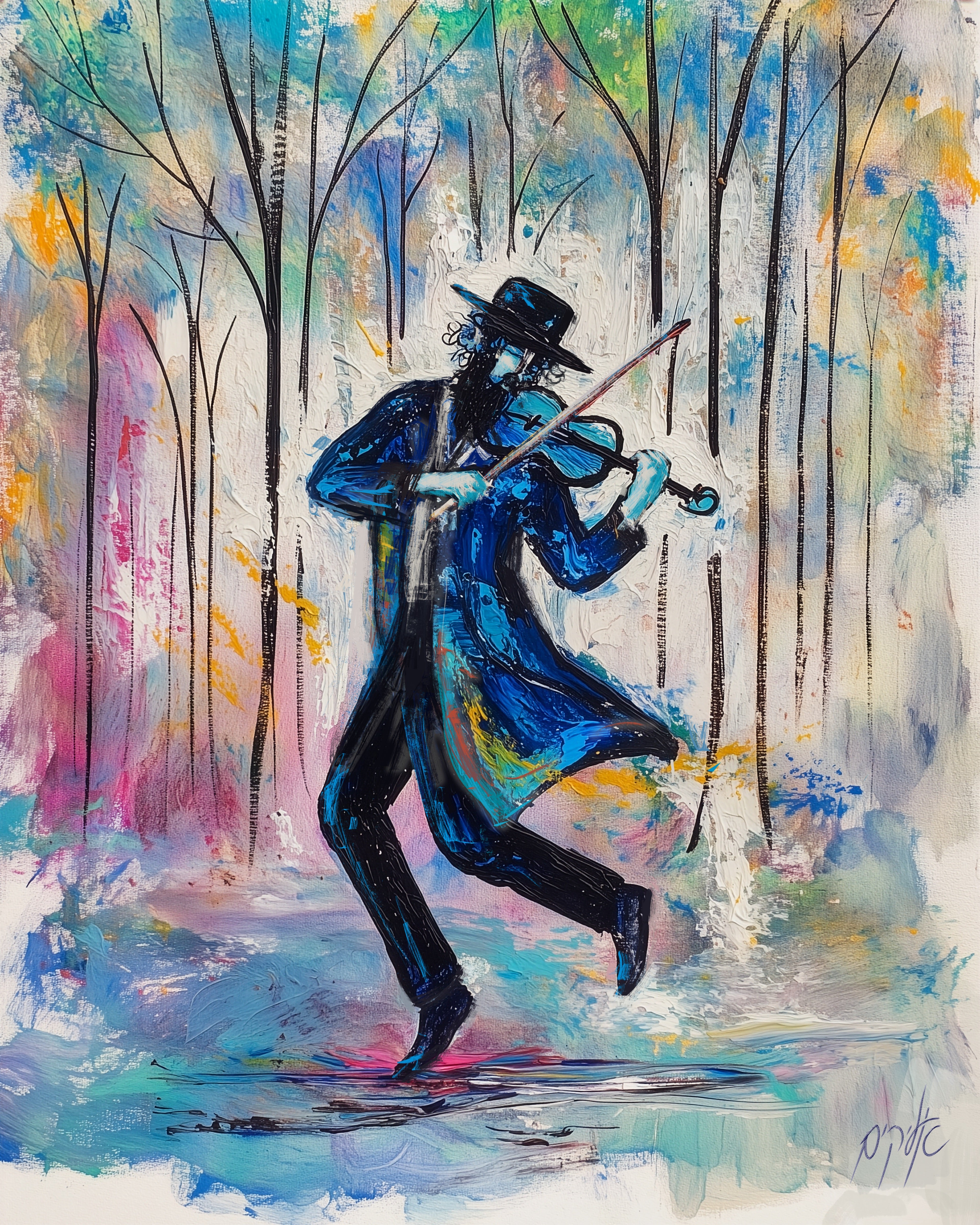 Colorful abstract painting of a violin player in a forest