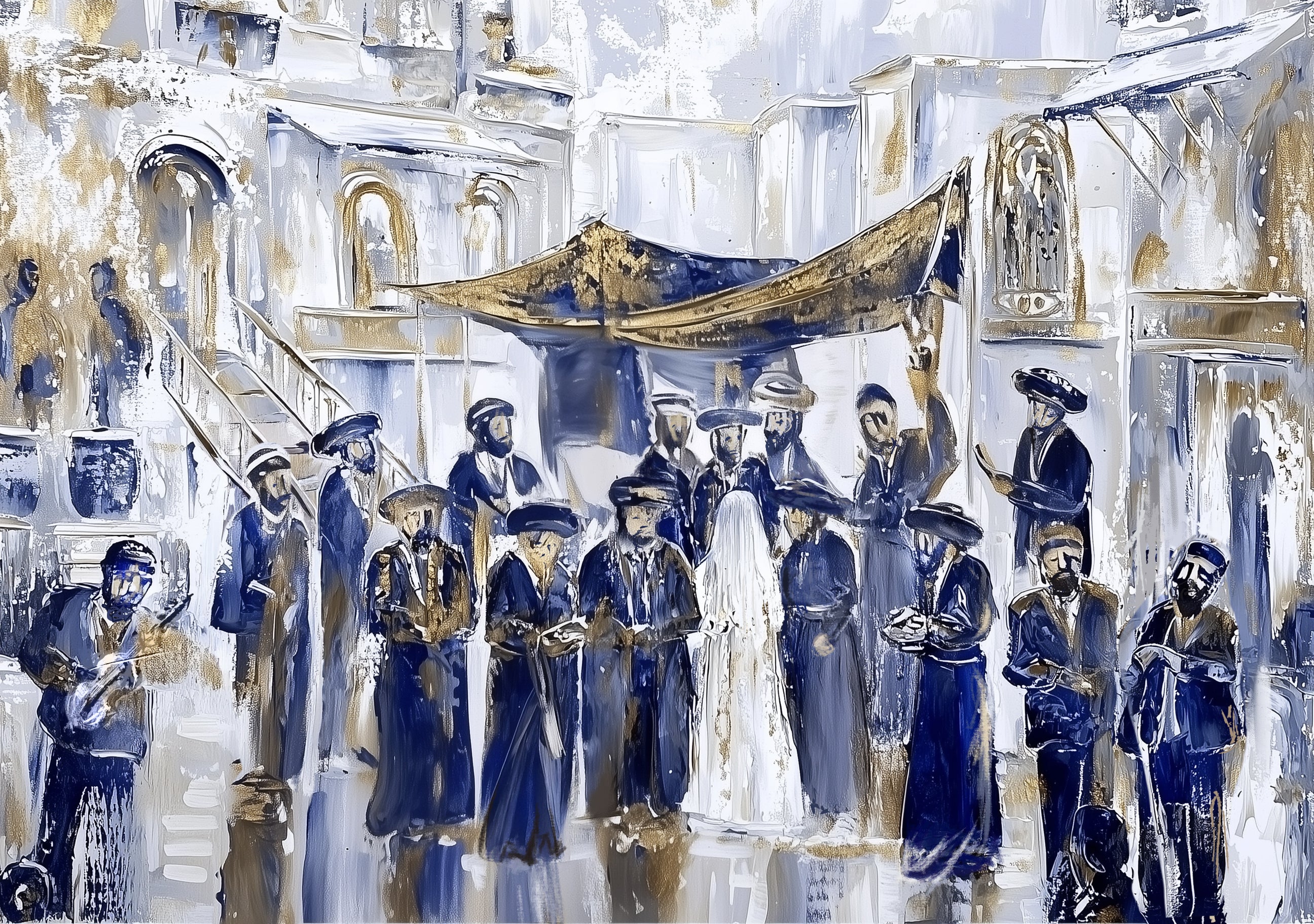 A radiant depiction of a chuppah ceremony set in Jerusalem’s Old City, painted in gold and deep blue tones