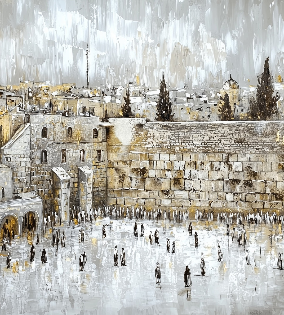 Triptych of The Kosel in stone and gold by Lehava Art, featuring panoramic central panel with intricate details and gold accents.