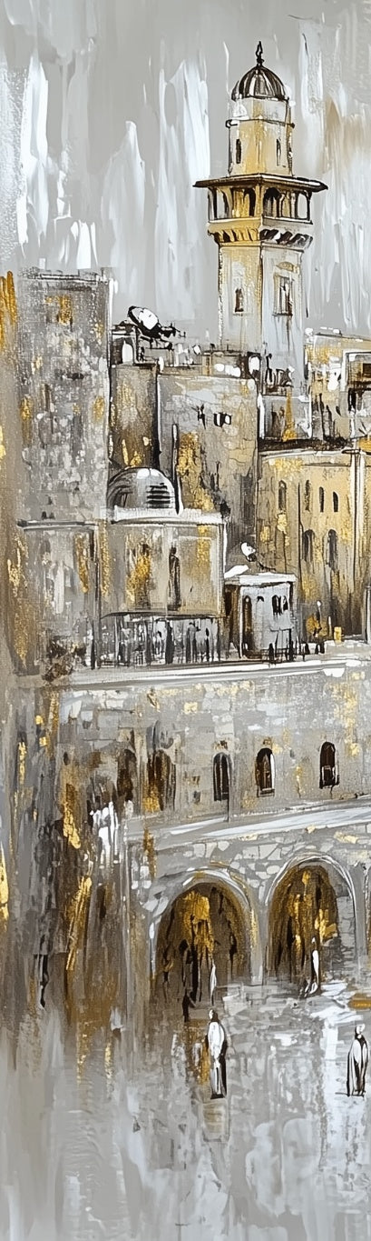 Triptych stone and gold artwork titled The Kosel by Lehava Art, featuring a panoramic view with textured stone and gold accents.