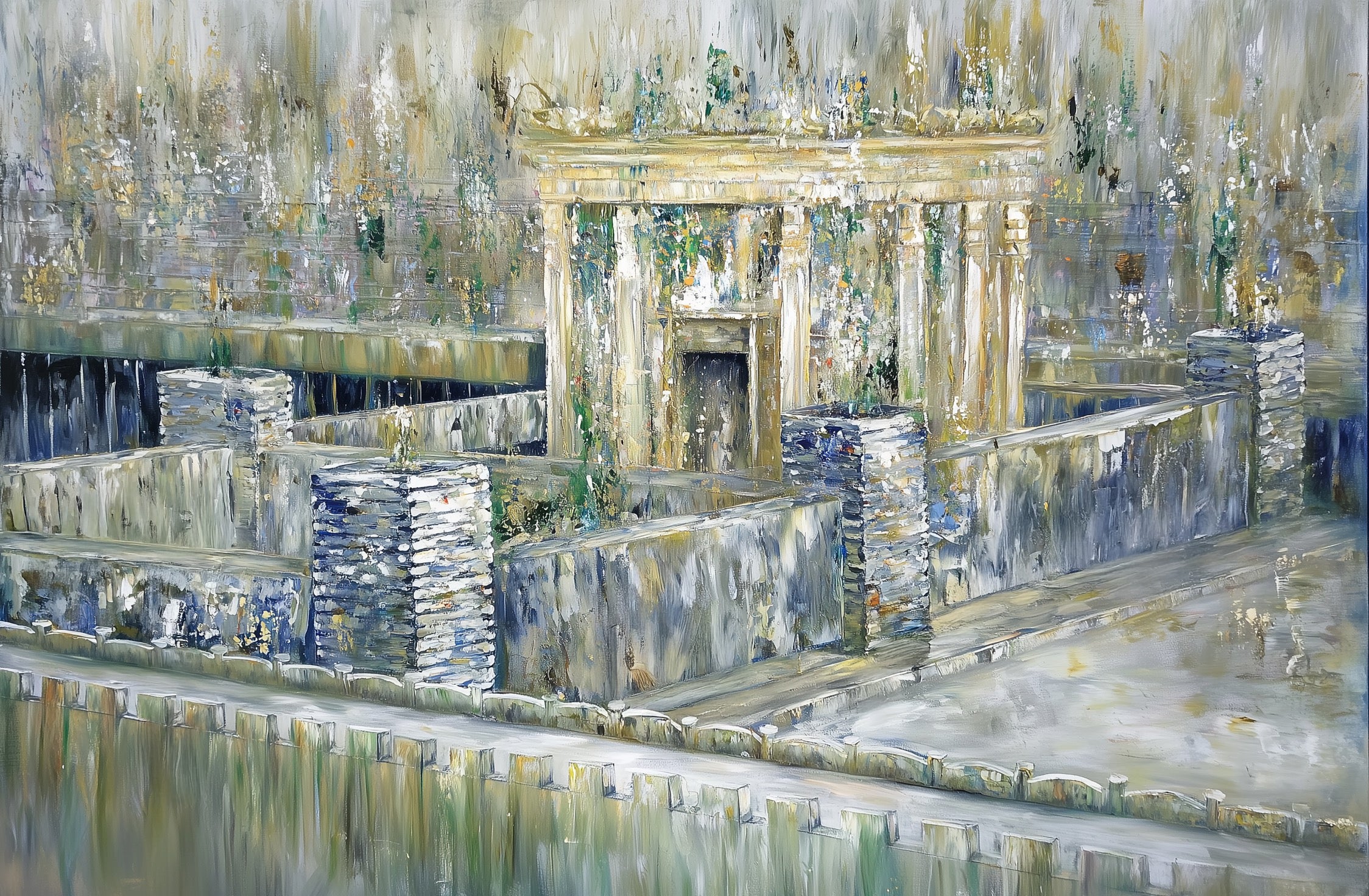 Abstract painting in gold tones of the Bais Hamikdash
