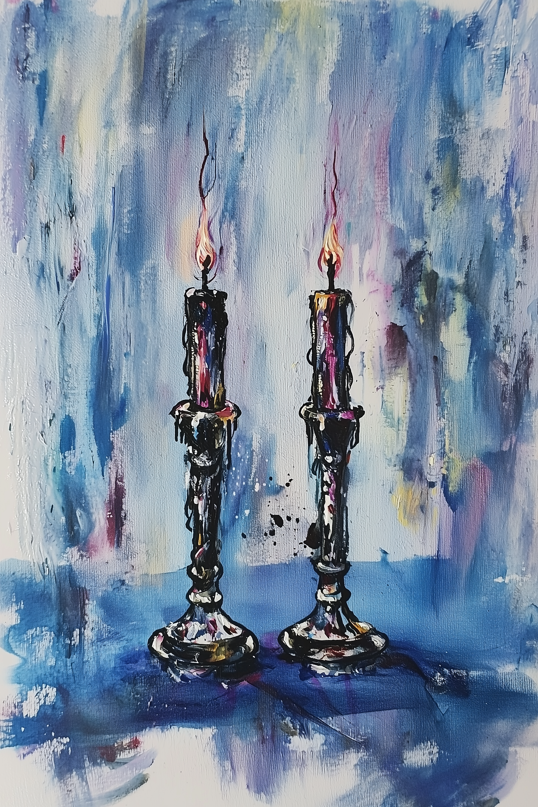Two lit candles in silver Shabbos candlesticks against a colorful blue abstract background