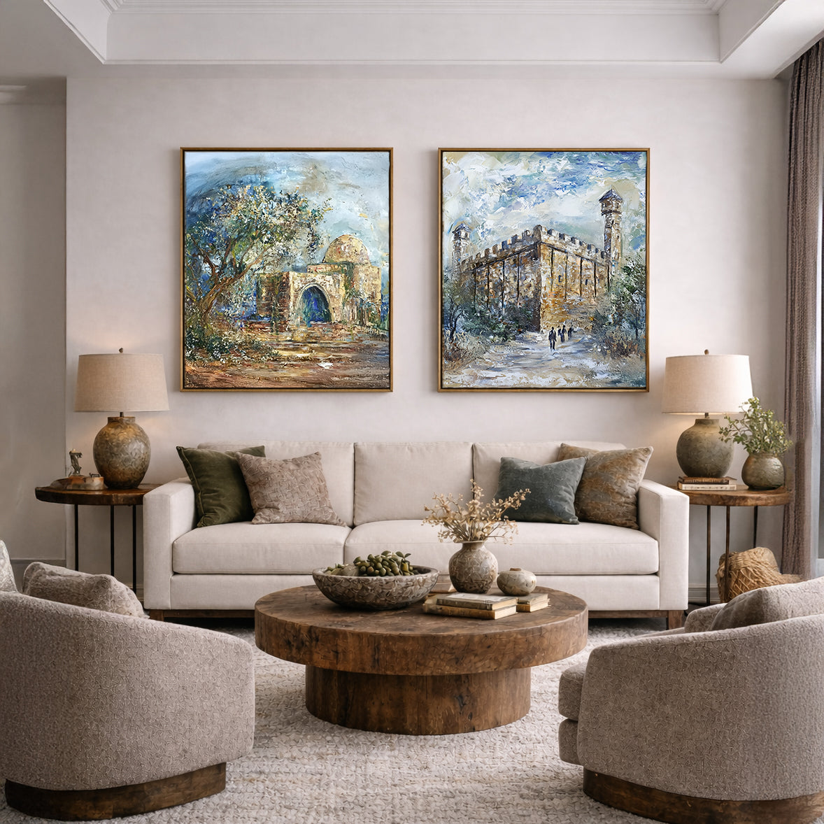 Living room with beige sofa, round wooden coffee table, and two gorgeous framed Lehava Art artworks on the wall.