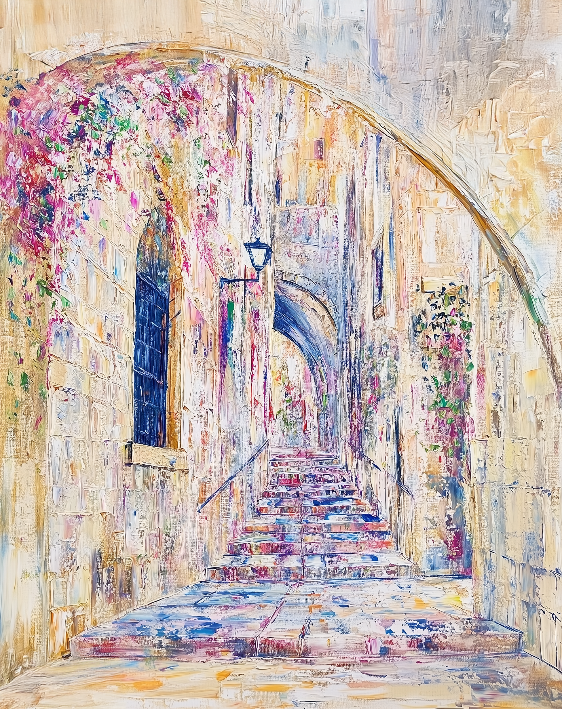 Painting of a narrow Jerusalem alleyway with an archway and stairs, decorated with flowers and lights.