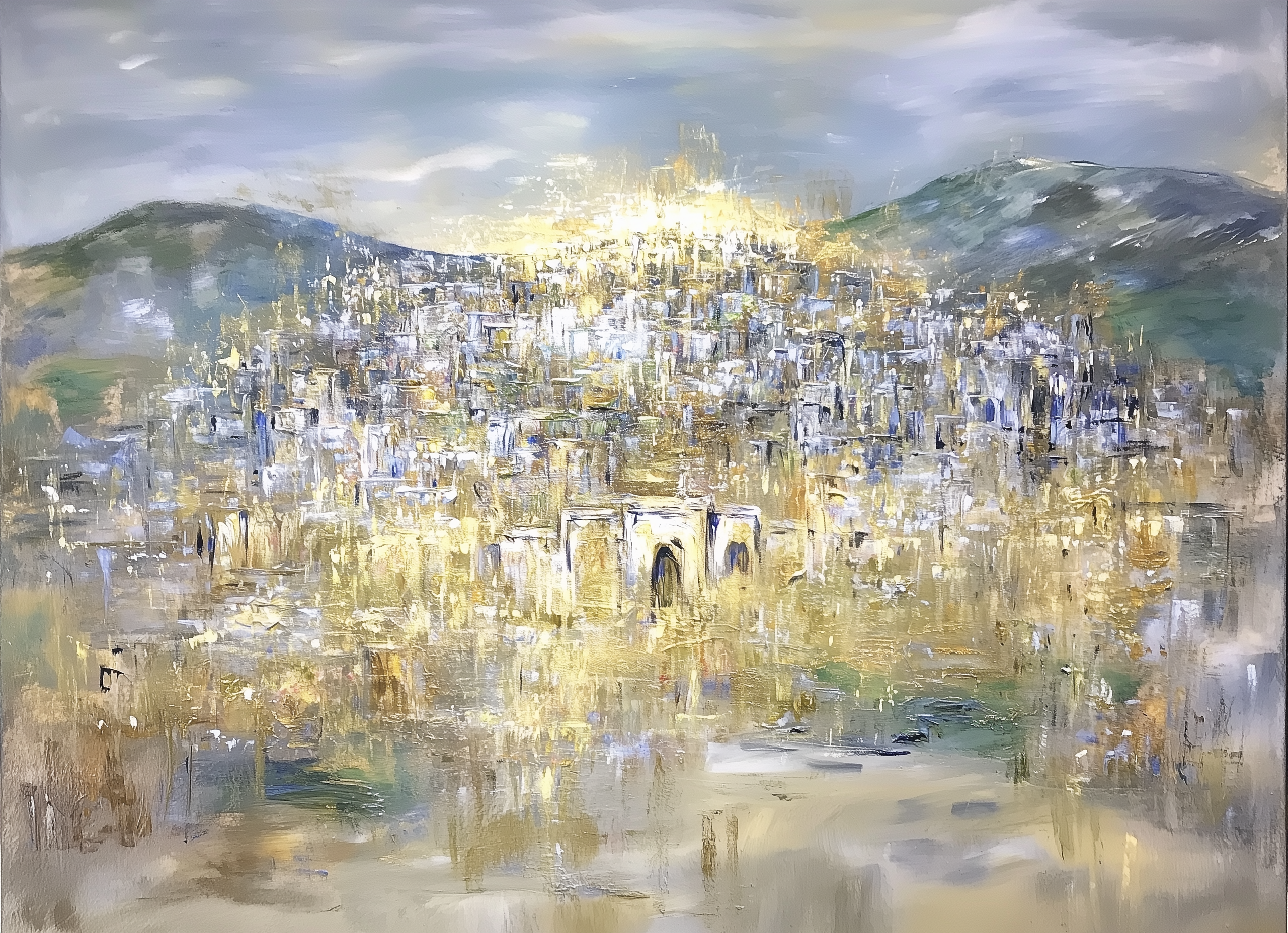 Jerusalem painting with illuminated buildings and mountains in the background, in gold tones