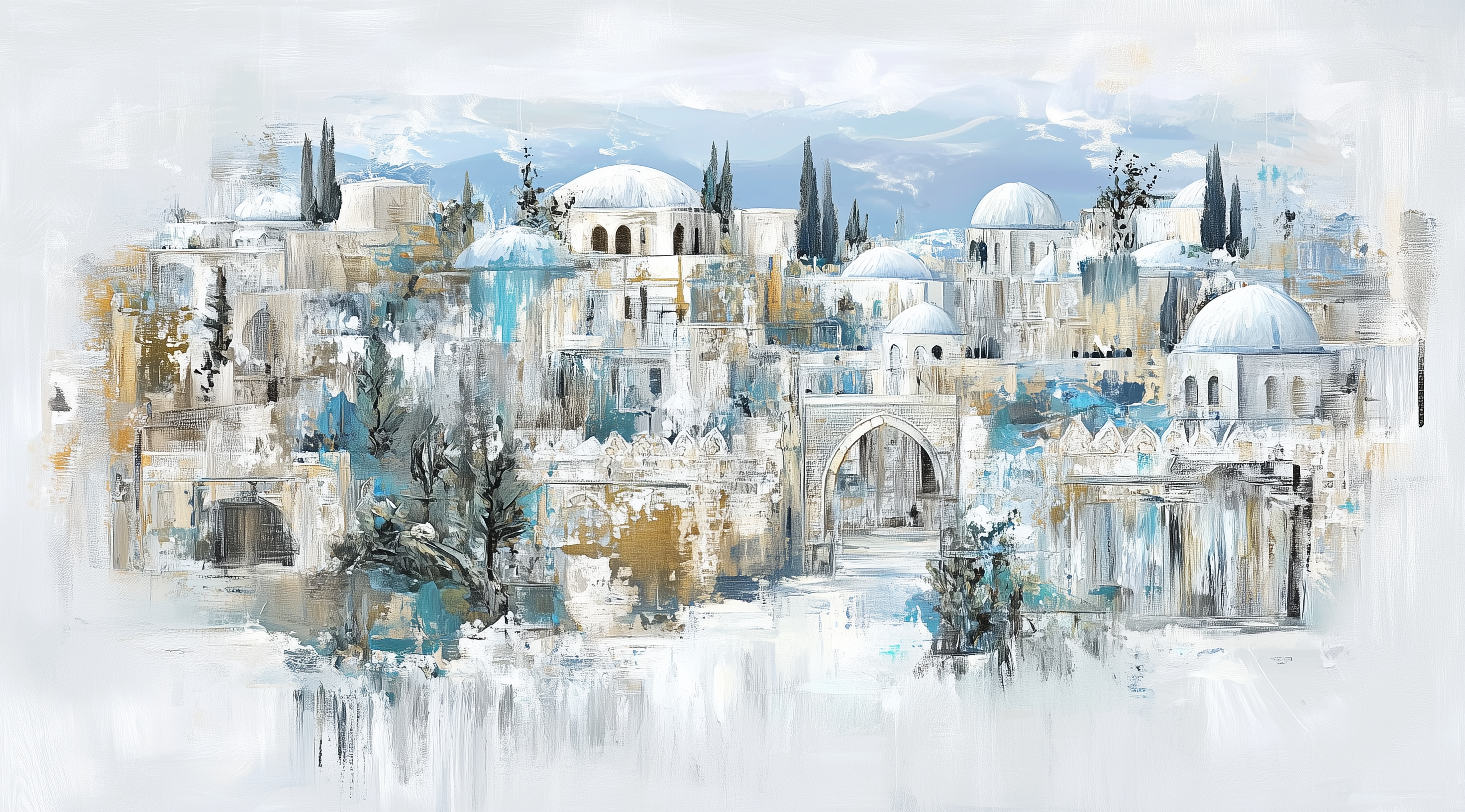 Artistic depiction of the Jerusalem city with architectural elements on a white background