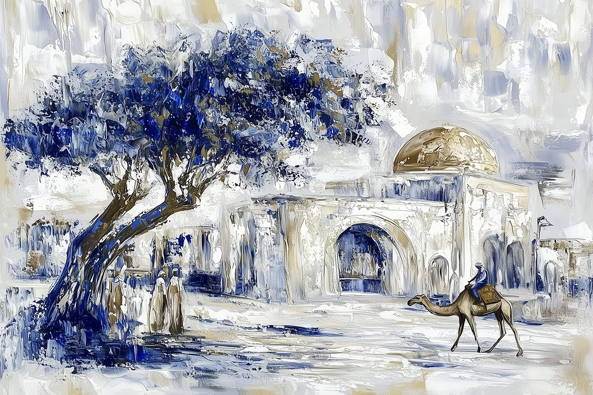 Artistic depiction of a desert scene with a camel, people, and a large tree at Kever Rachel.