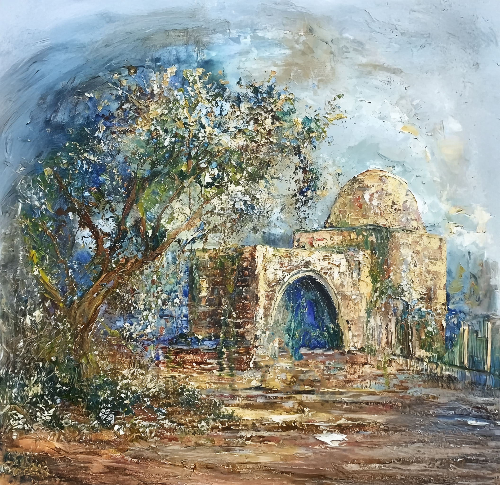 Painting of Kever Rochel with a tree and flowers in the foreground
