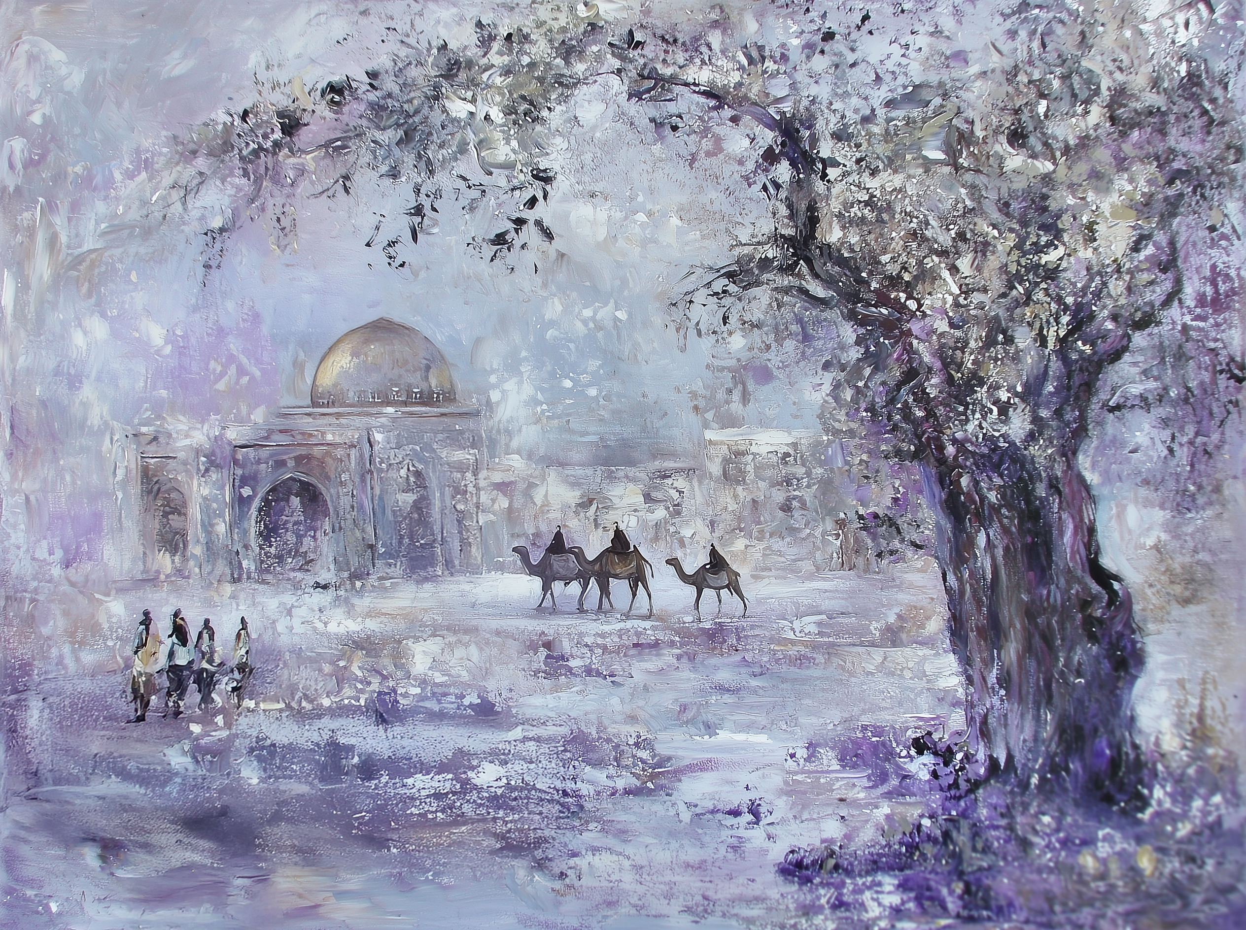 Painting of a desert landscape with  people and camels at Kever Rochel.