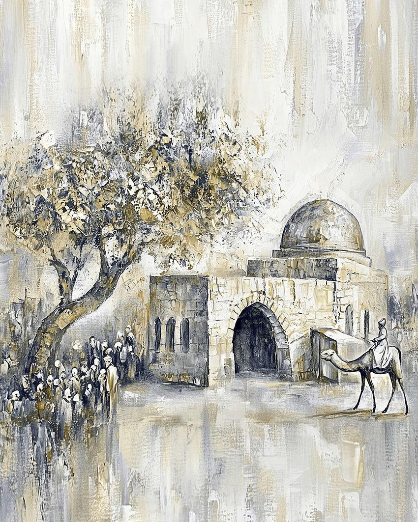 Artistic depiction of a scene with people gathered at Kever Rochel.