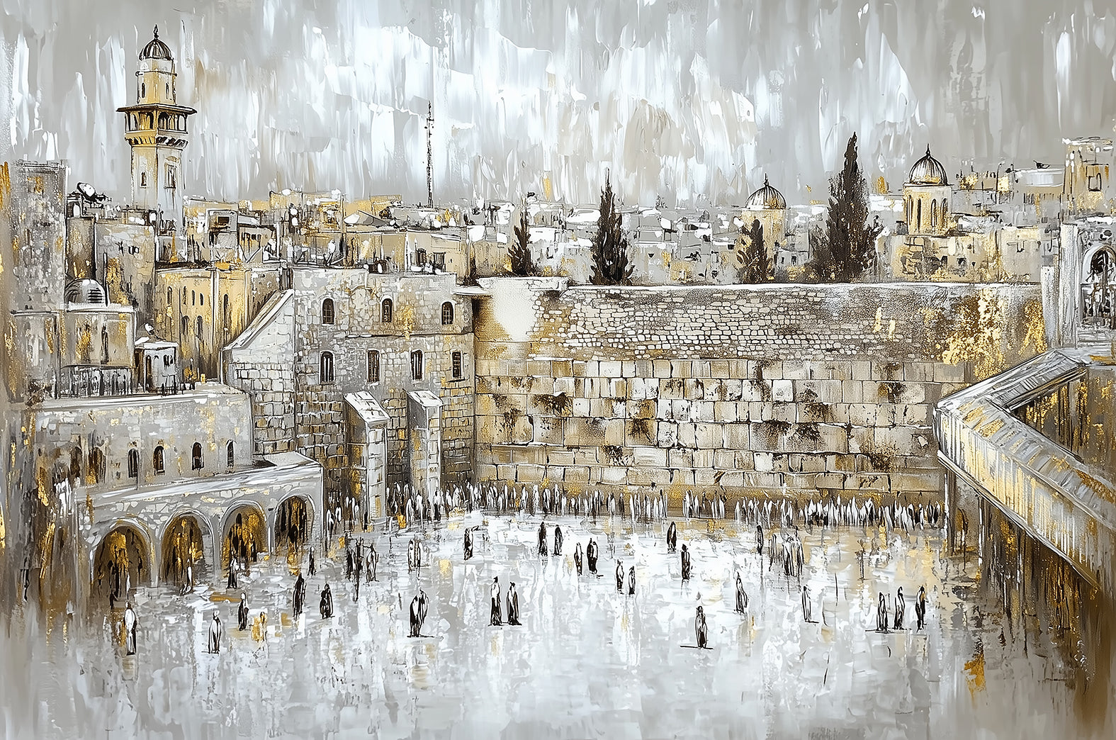 Artistic depiction of a the Kosel plaza in gold hues, with a panoramic view
