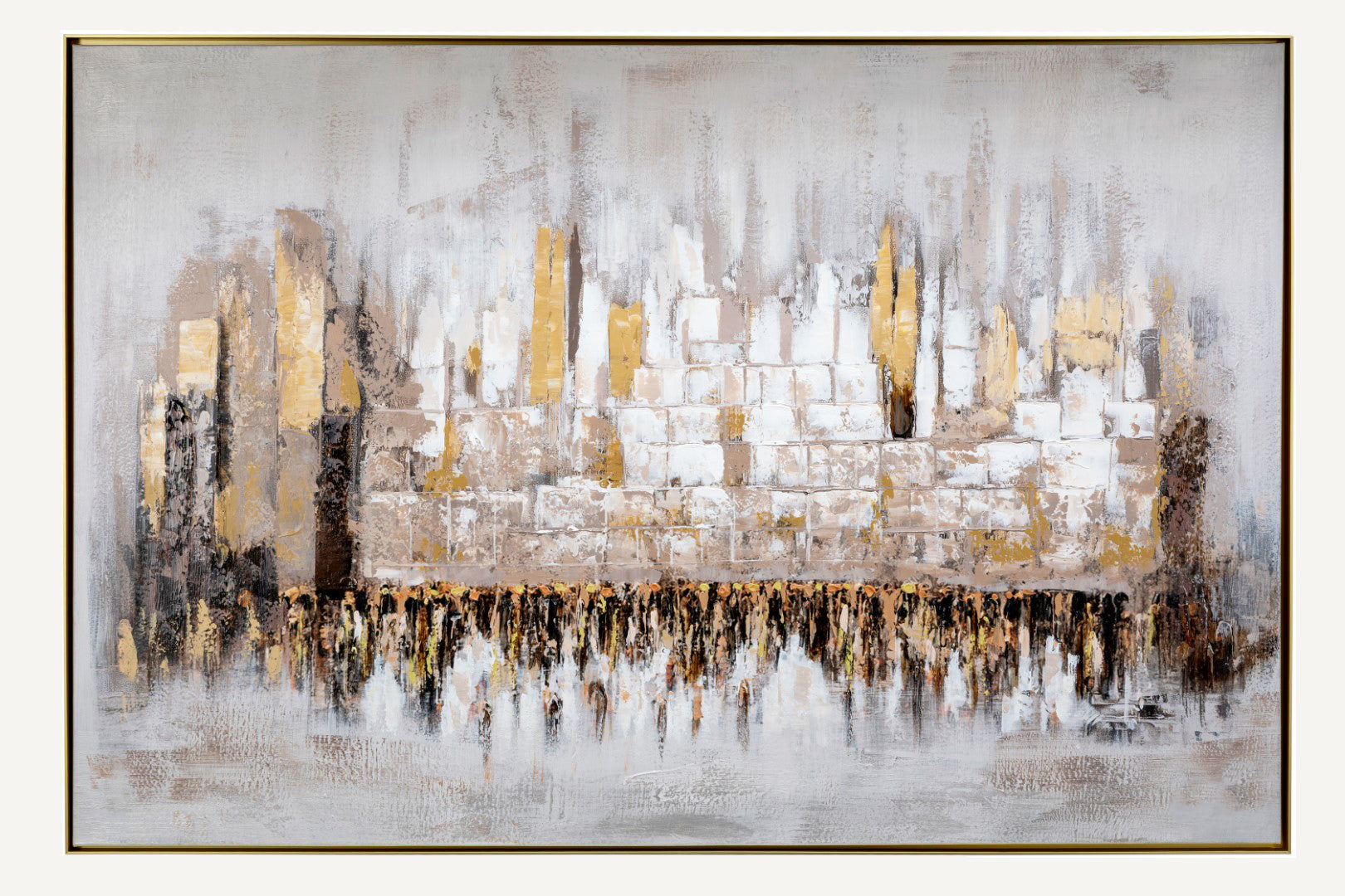 Abstract kosel painting with gold and black tones on a textured gray background