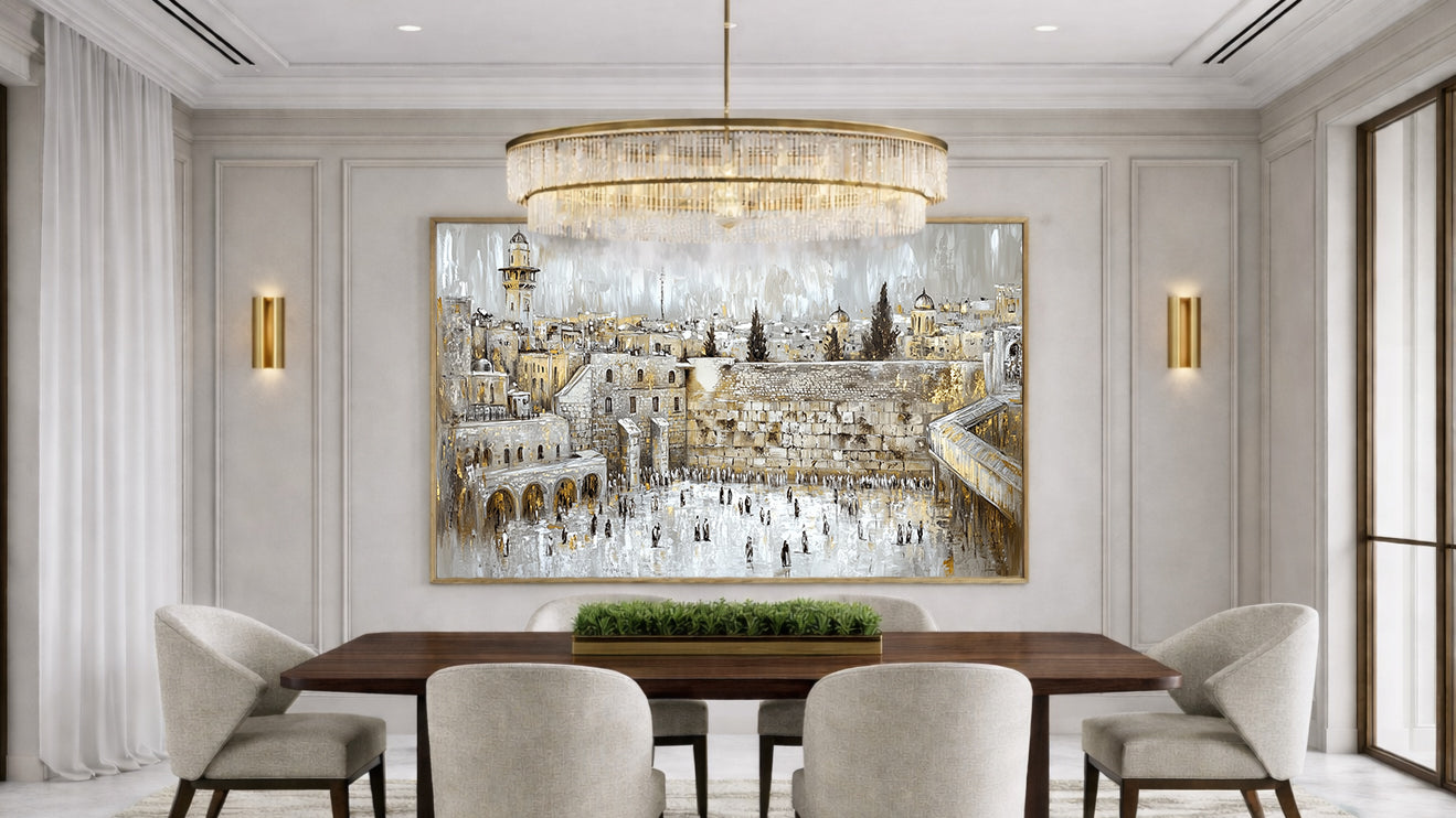 Modern luxury dining room with a large framed Lehava Art kosel artwork on the wall, chandelier, and table set.