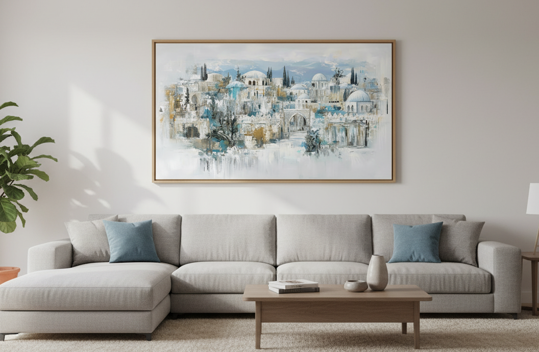 Living room with a gray sectional sofa, wooden coffee table, and White Jerusalem Horizontal painting on the wall.