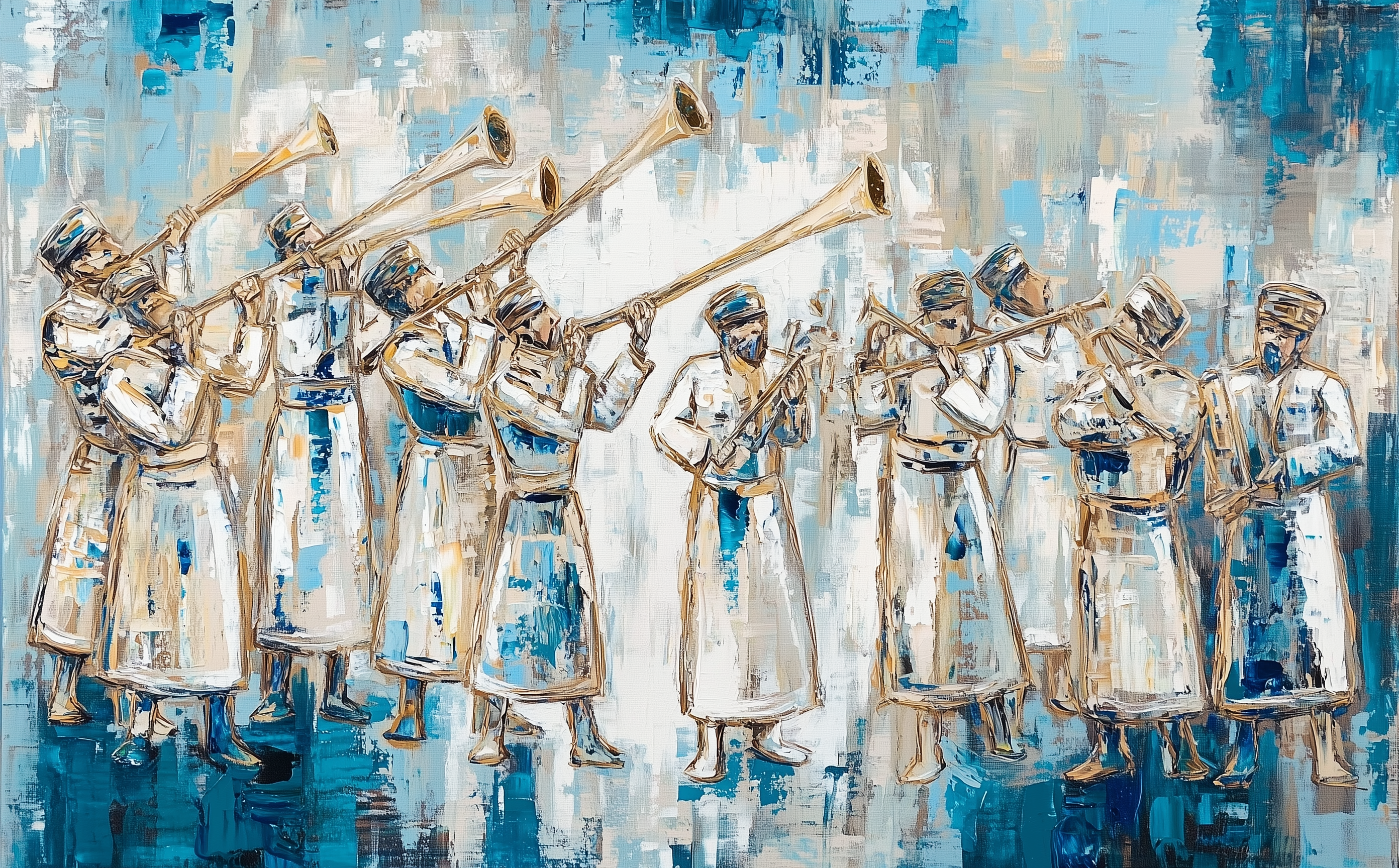 Abstract painting of Leviim playing brass instruments with a blue and gray background