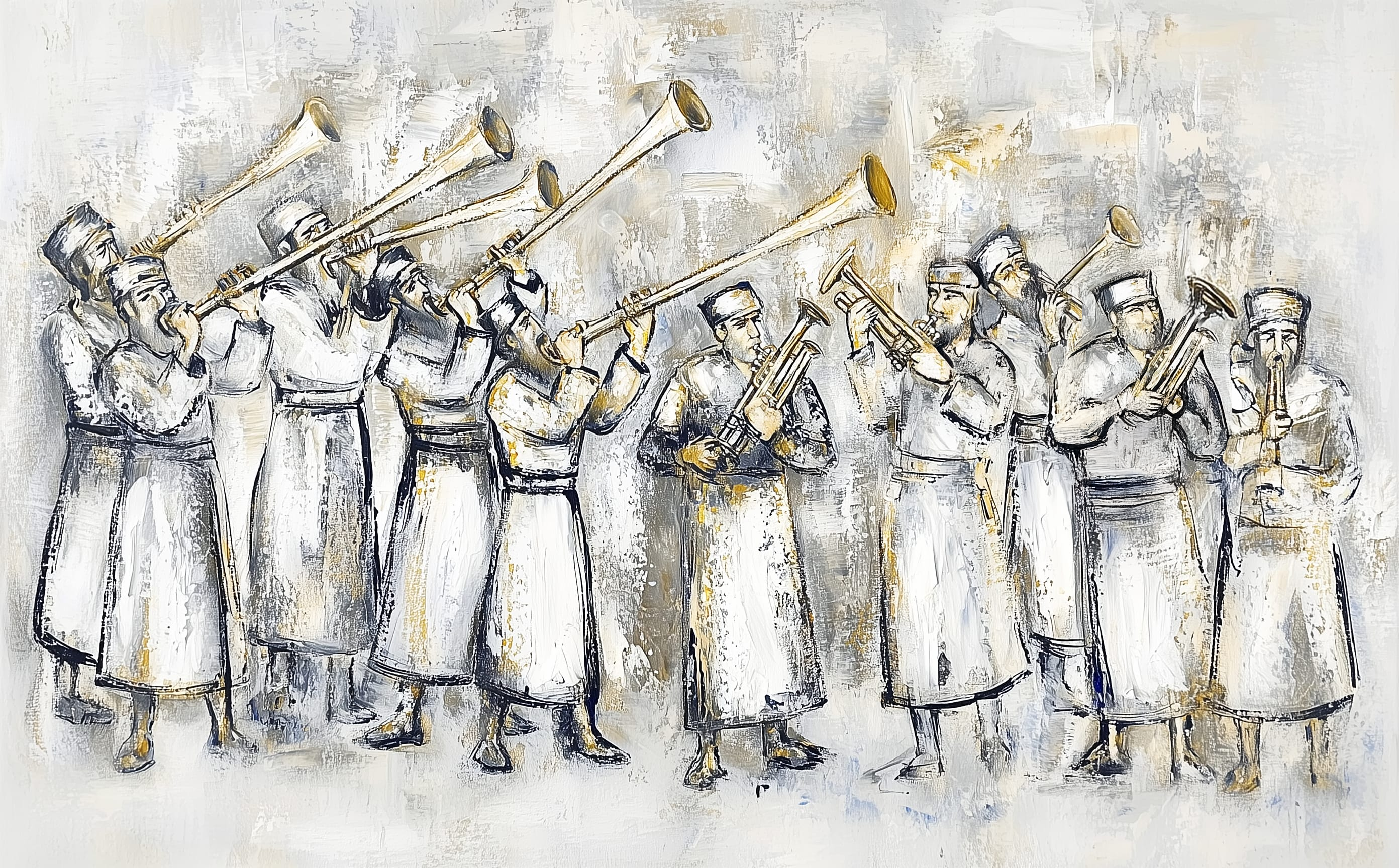 Artistic depiction of a group of Leviim playing brass instruments on a textured background.