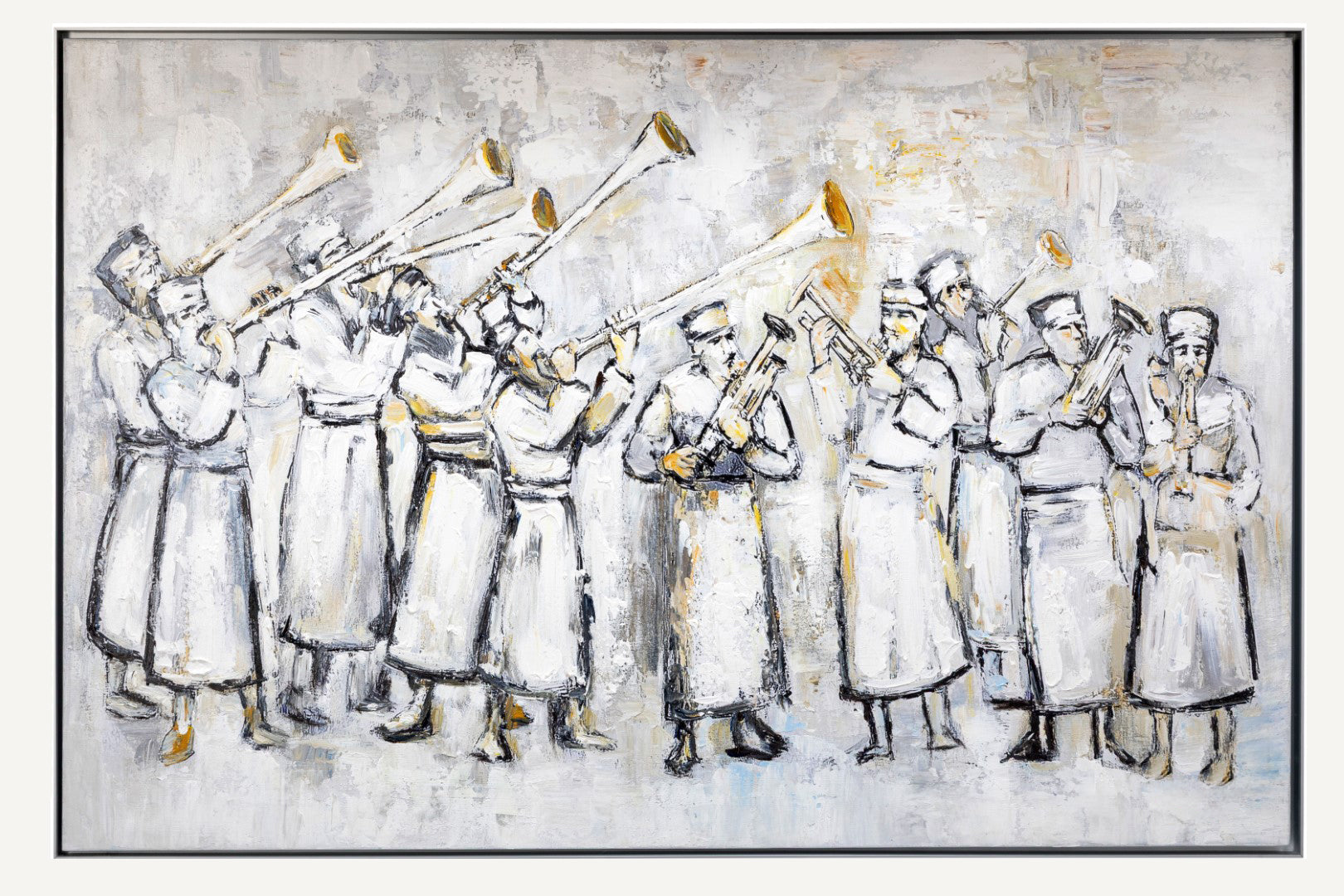 Artistic depiction of a group of Leviim playing brass instruments on a textured background.