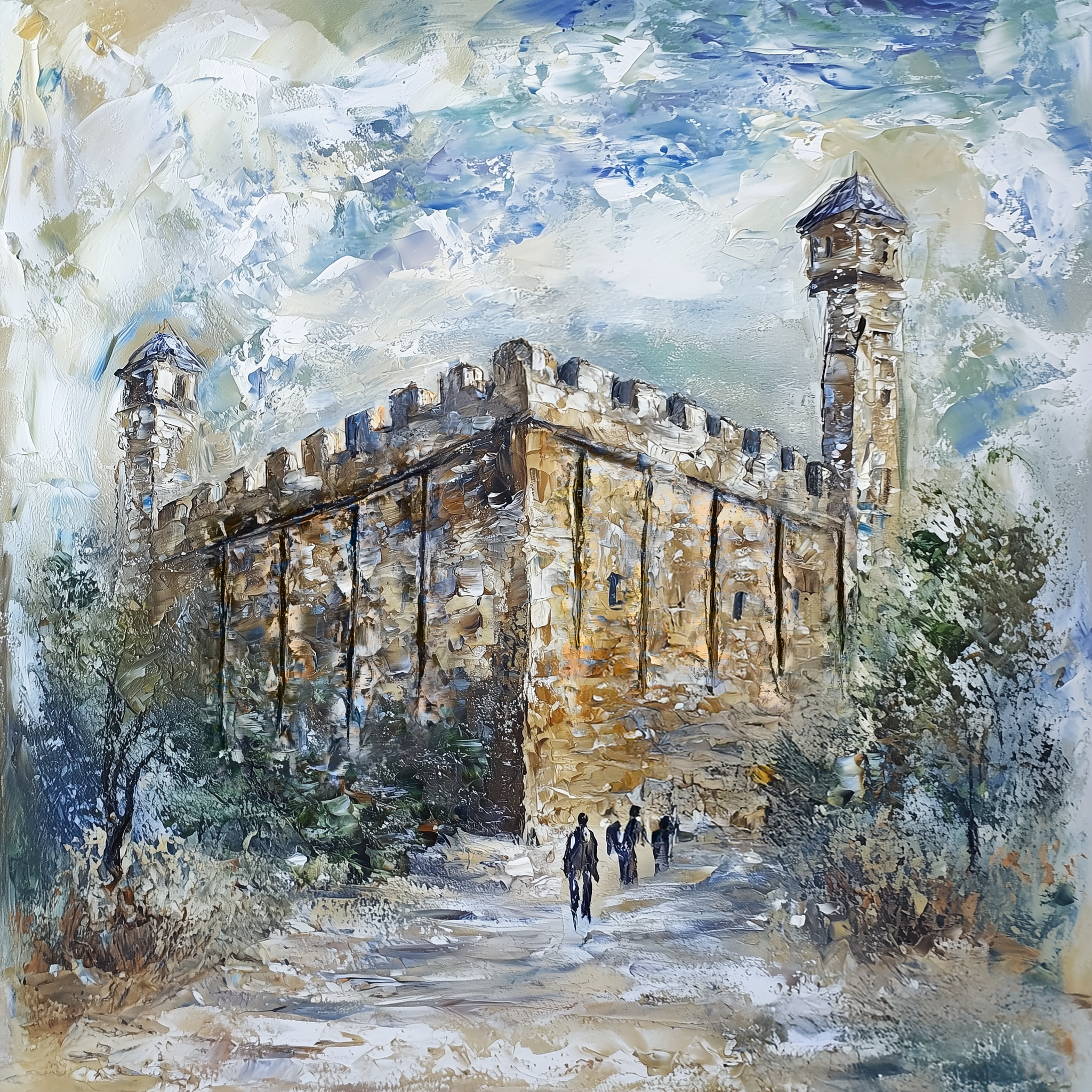 Painting of Mearas Hamachpela with people walking towards it, using a textured brushstroke technique.