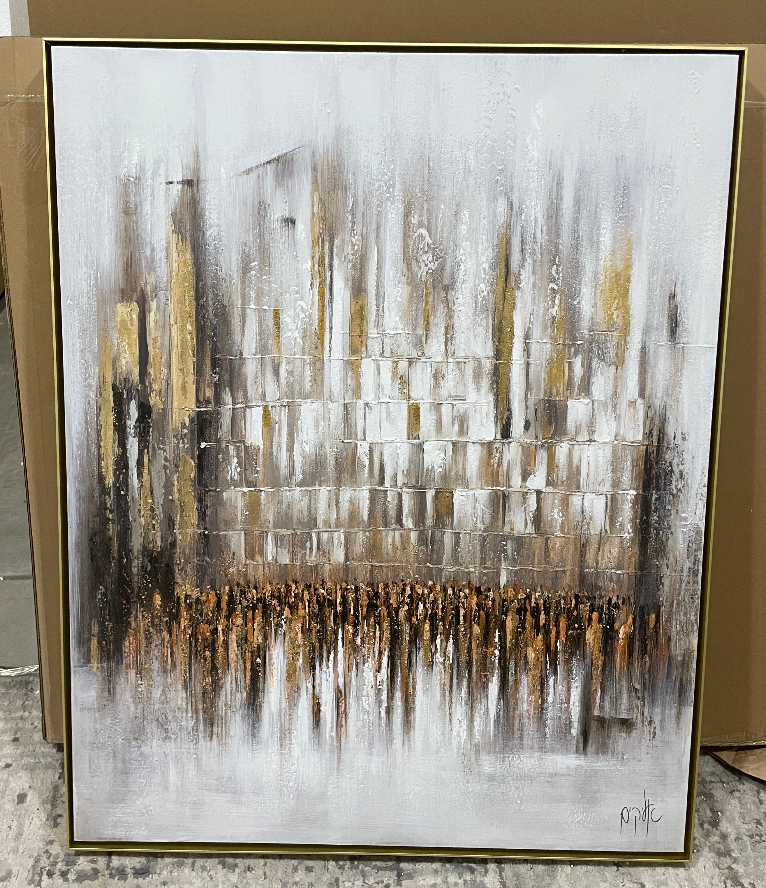 Close-up of Lehava Art's Kosel vertical stone and gold artwork, showcasing detailed textures and craftsmanship.