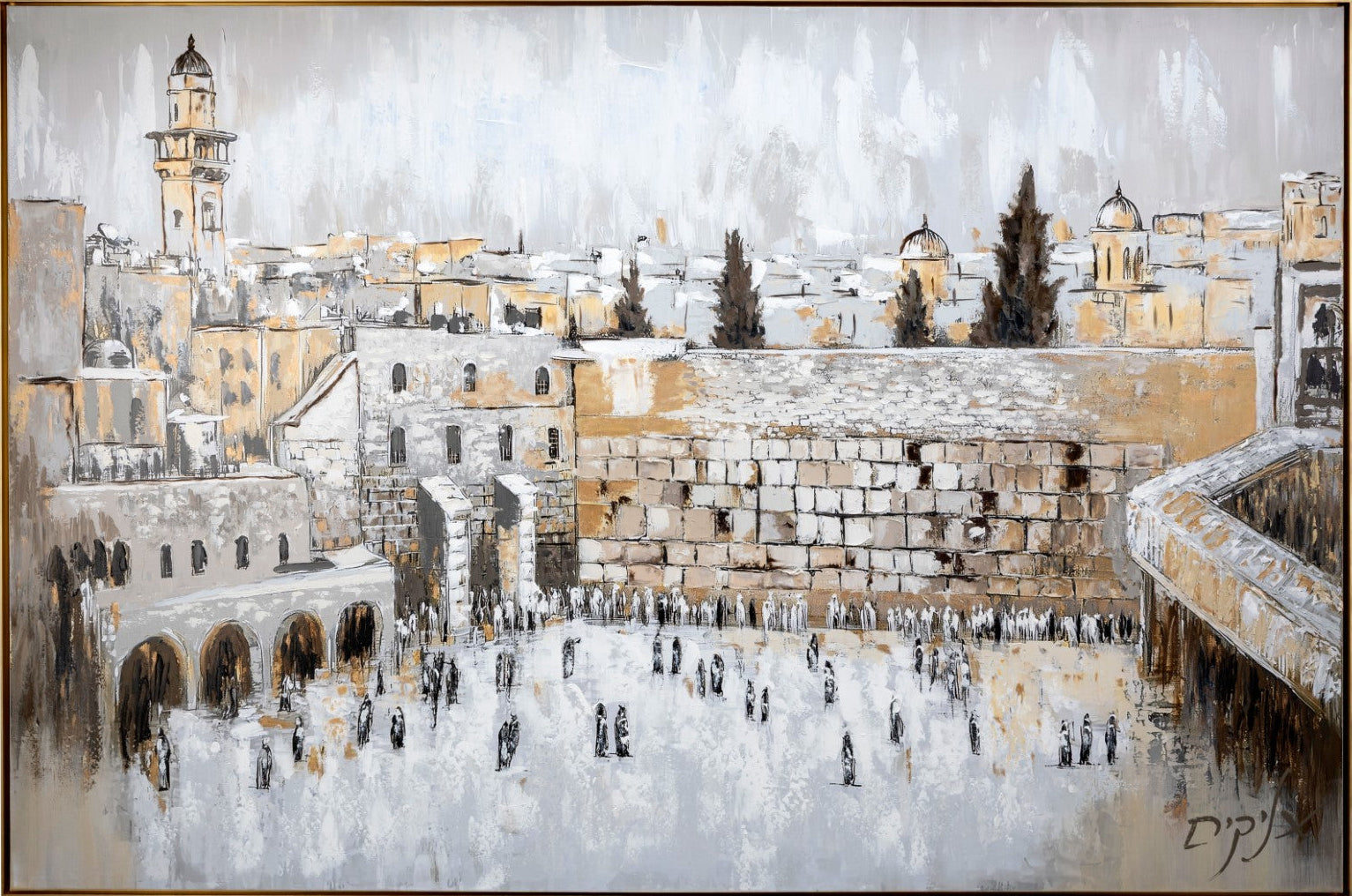 Artistic depiction of a the Kosel plaza in gold hues, with a panoramic view