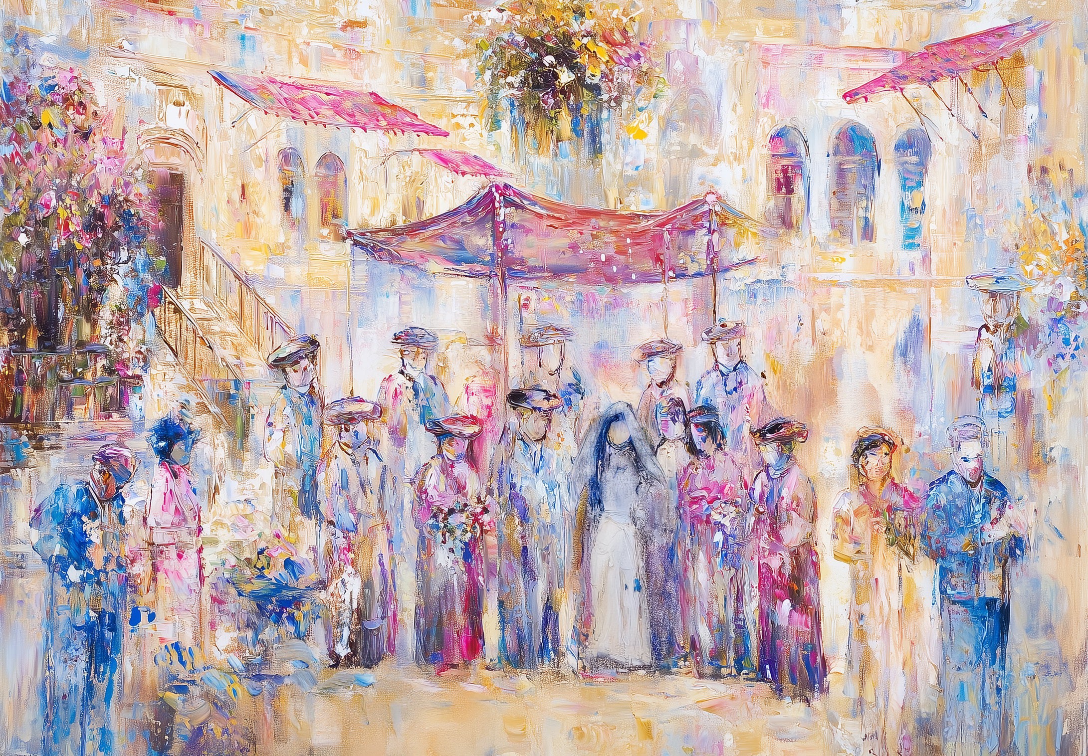 Colorful painting of a joyous chuppah ceremony in Jerusalem’s Old City with a soft, colorful palette