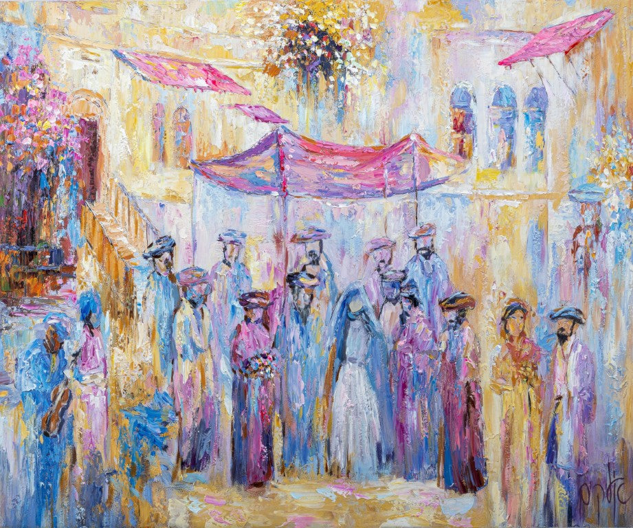 Colorful painting of a joyous chuppah ceremony in Jerusalem’s Old City with a soft, colorful palette