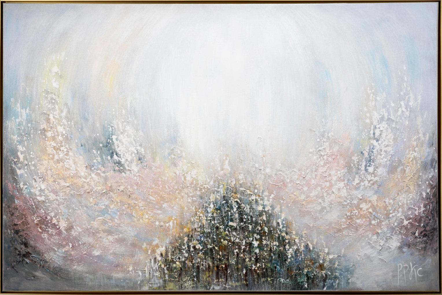 Abstract Krias Yam Suf painting with swirling pastel colors and textures