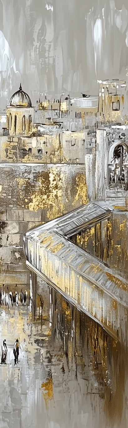 Lehava Art The Kosel stone and gold triptych with panoramic view, showcasing intricate design and rich texture.